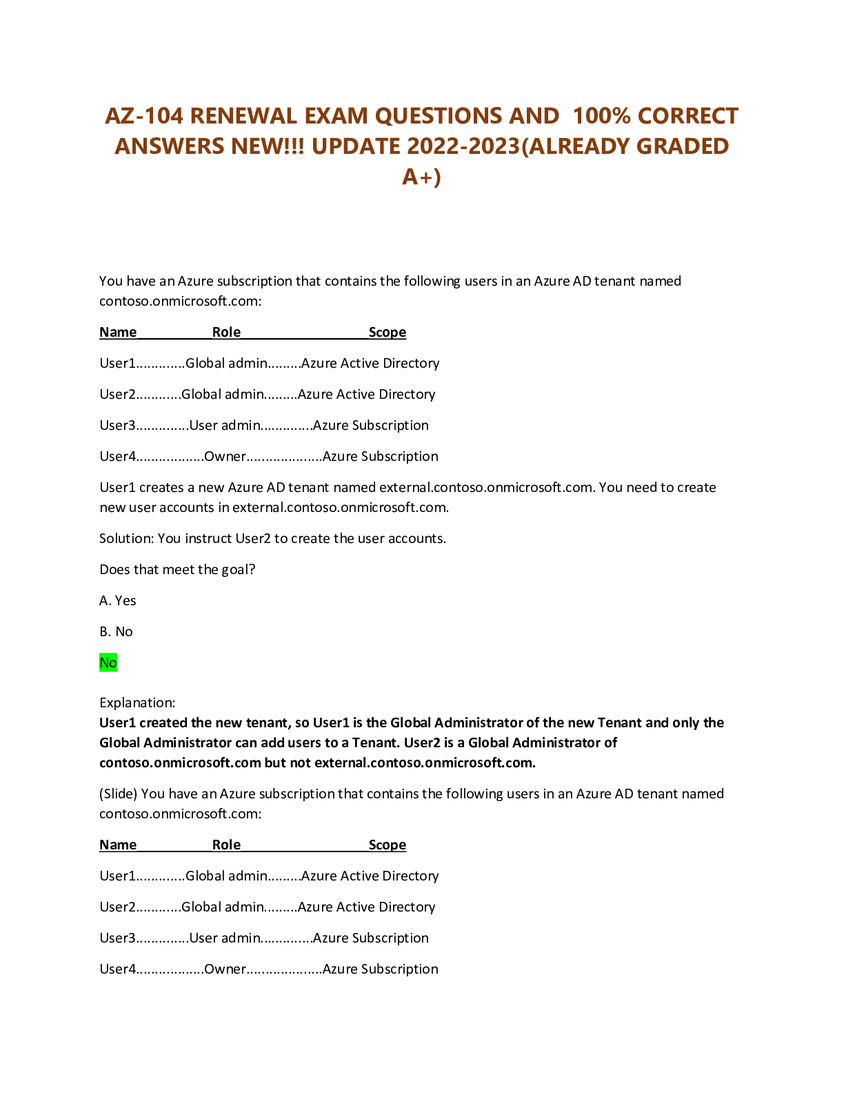 Preview image for AZ-104 RENEWAL EXAM QUESTIONS AND 100% CORRECT ANSWERS NEW!!! UPDATE 2022-2023(ALREADY GRADED A+)