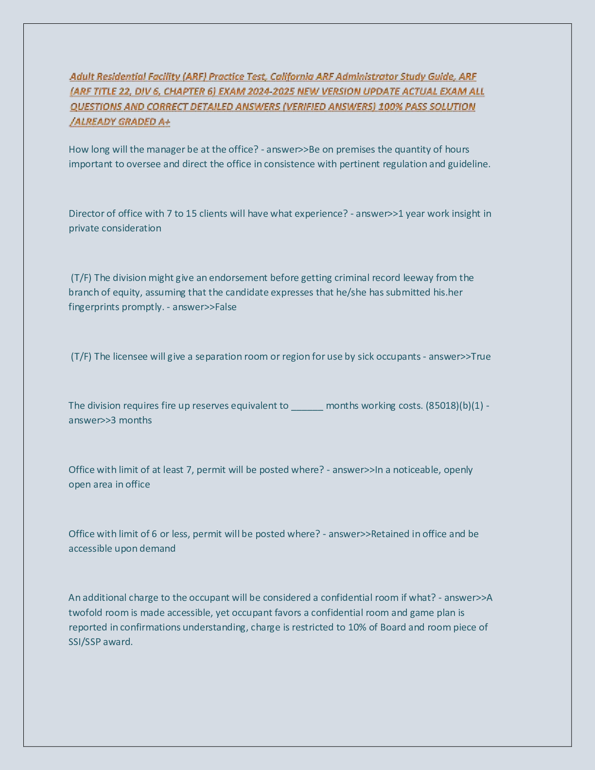 Preview of Adult Residential Facility Practice Test Exam 2024-2025  100% Pass Solution