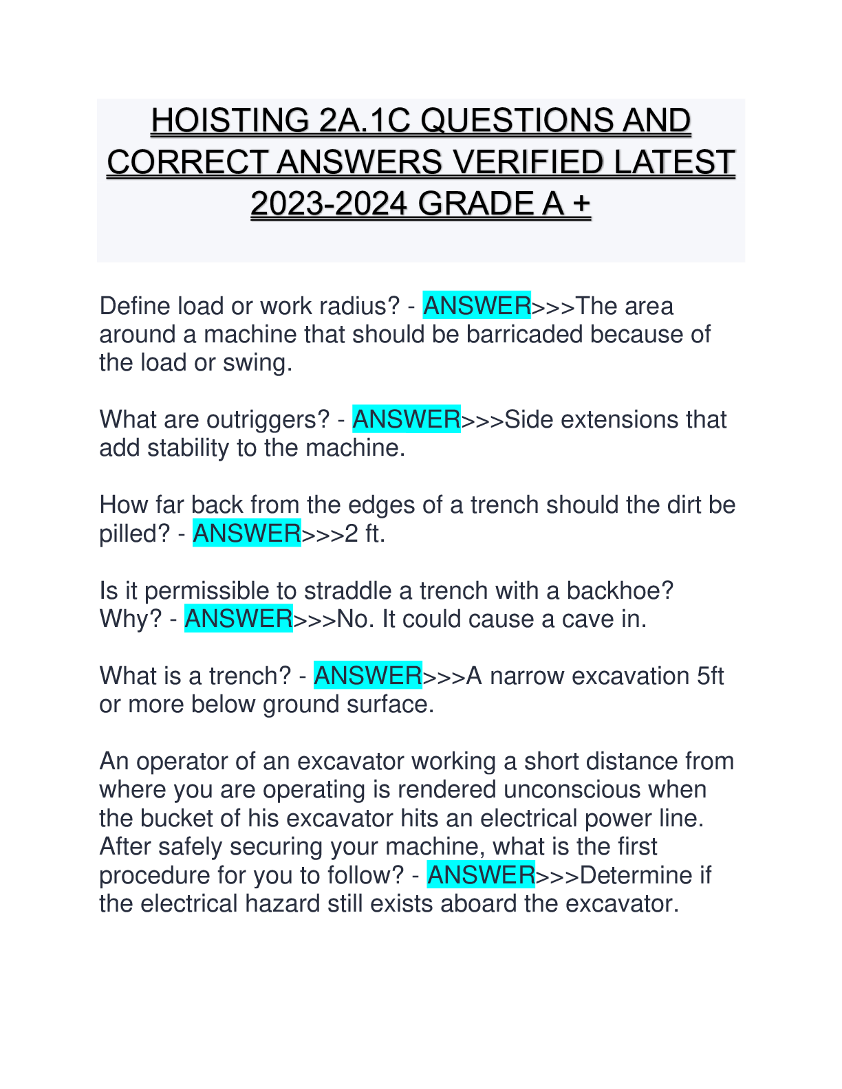Preview of HOISTING 2A.1C QUESTIONS AND CORRECT ANSWERS VERIFIED LATEST 2023-2024 GRADE A +