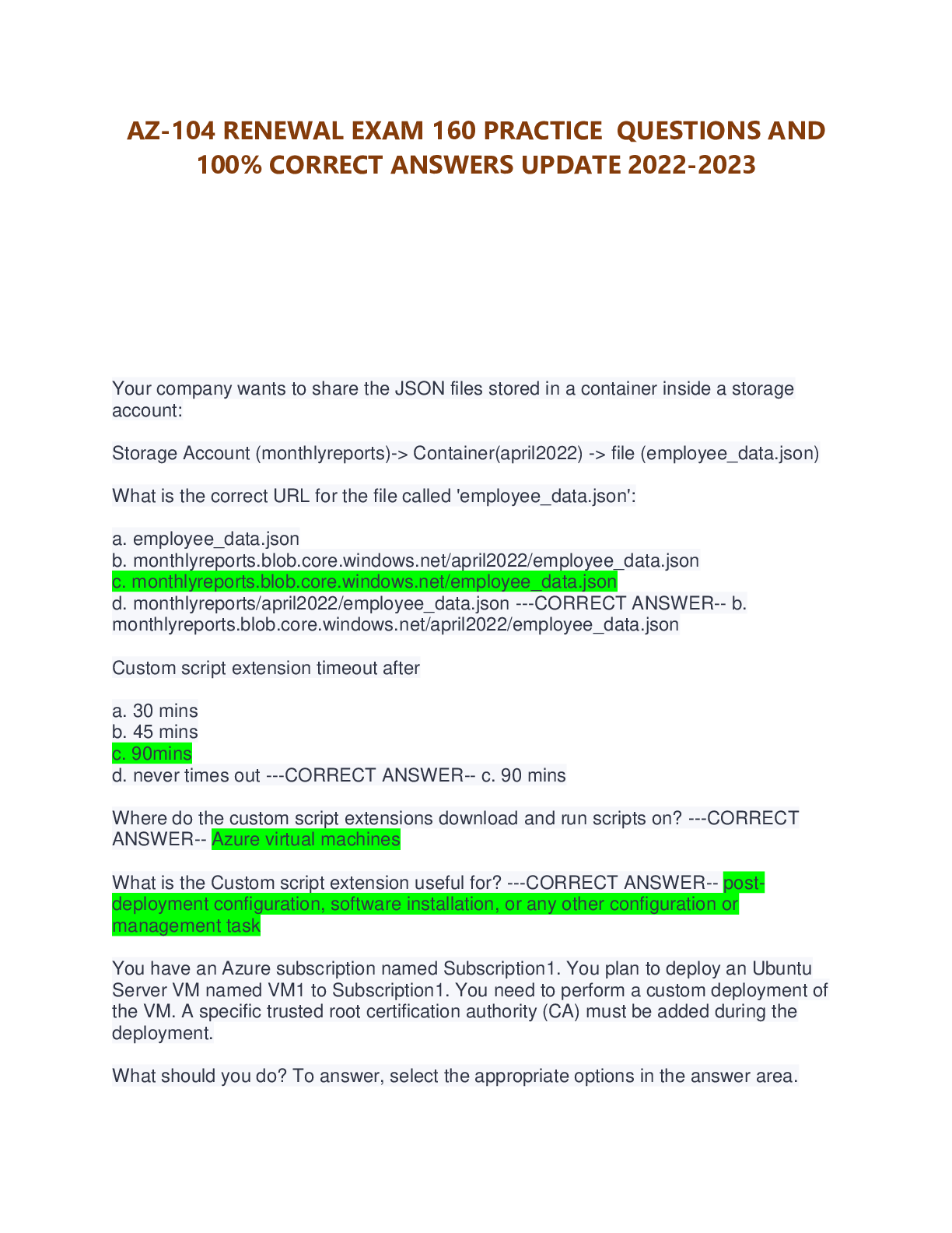 Preview image for AZ-104 CERTIFICATION RENEWAL EXAM LATEST 2023 ALL QUESTIONS AND CORRECT ANSWERS
