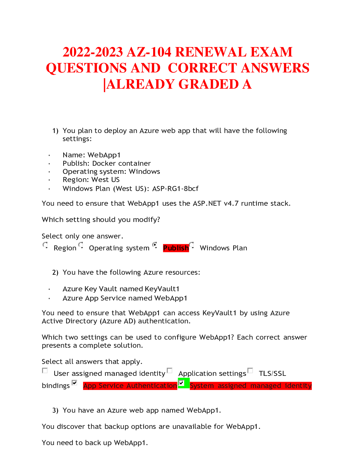 Preview image for 2022-2023 AZ-104 RENEWAL EXAM QUESTIONS AND CORRECT ANSWERS |ALREADY GRADED A