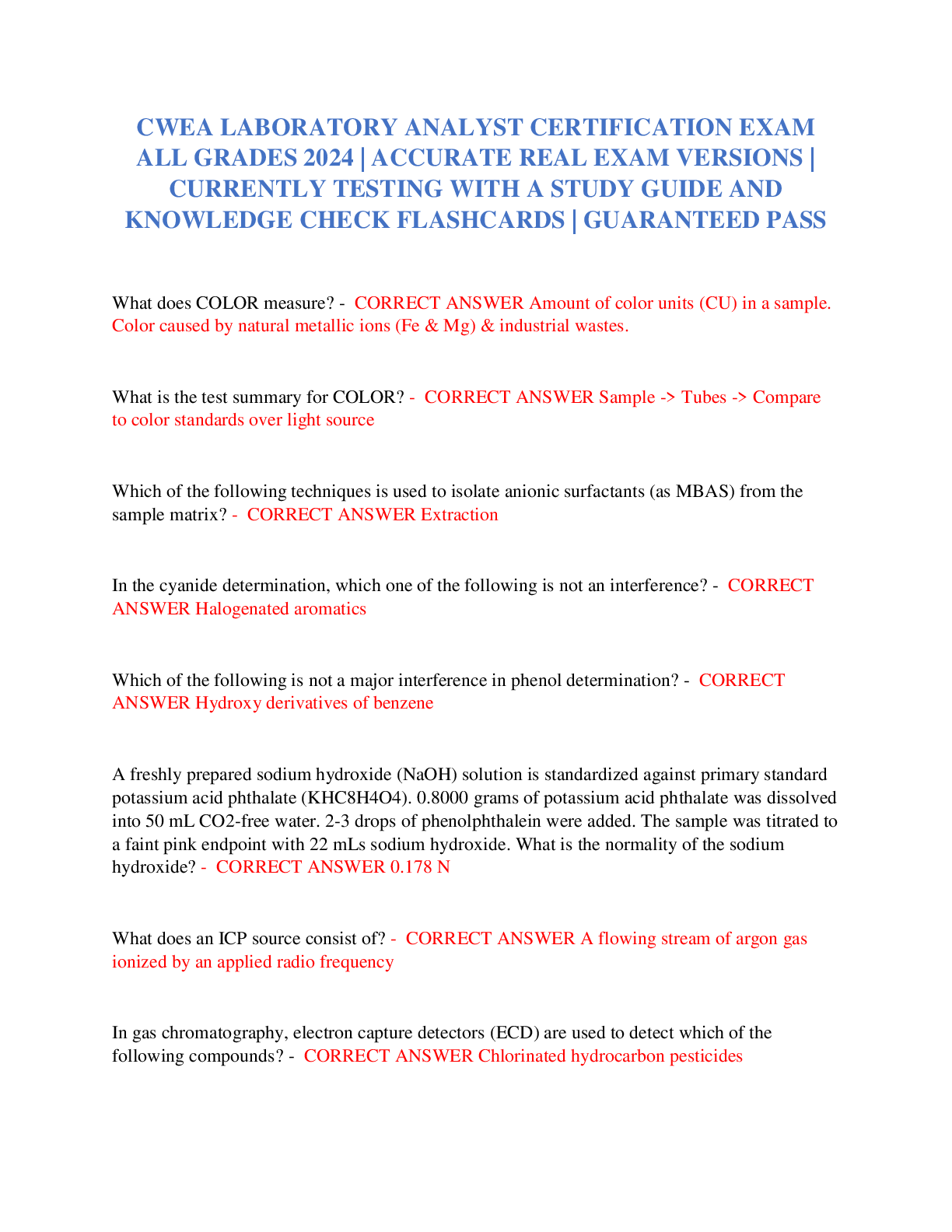 Preview of CWEA LABORATORY ANALYST CERTIFICATION EXAM ALL GRADES 2024  ACCURATE REAL EXAM VERSIONS  C