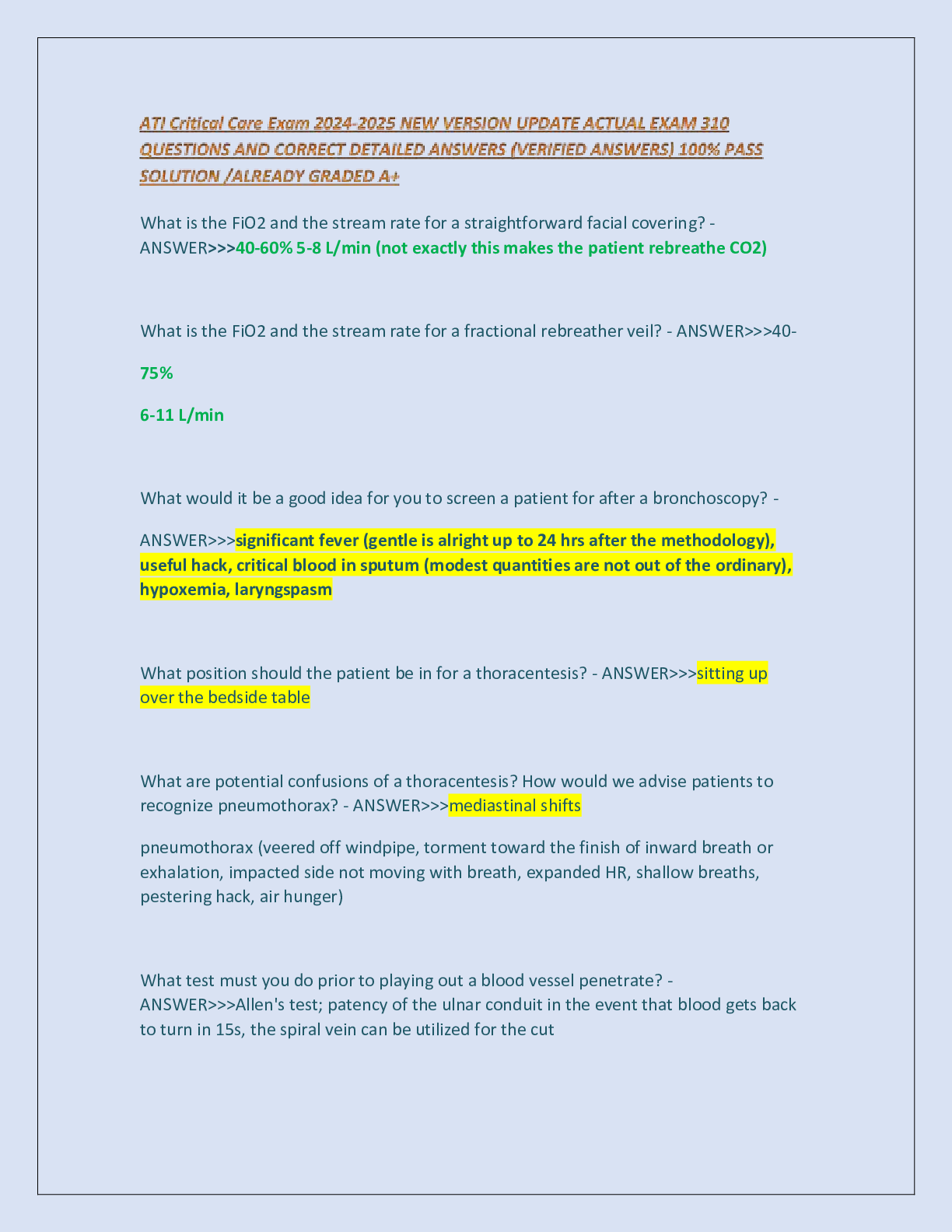 Preview of ATI Critical Care Exam 2024