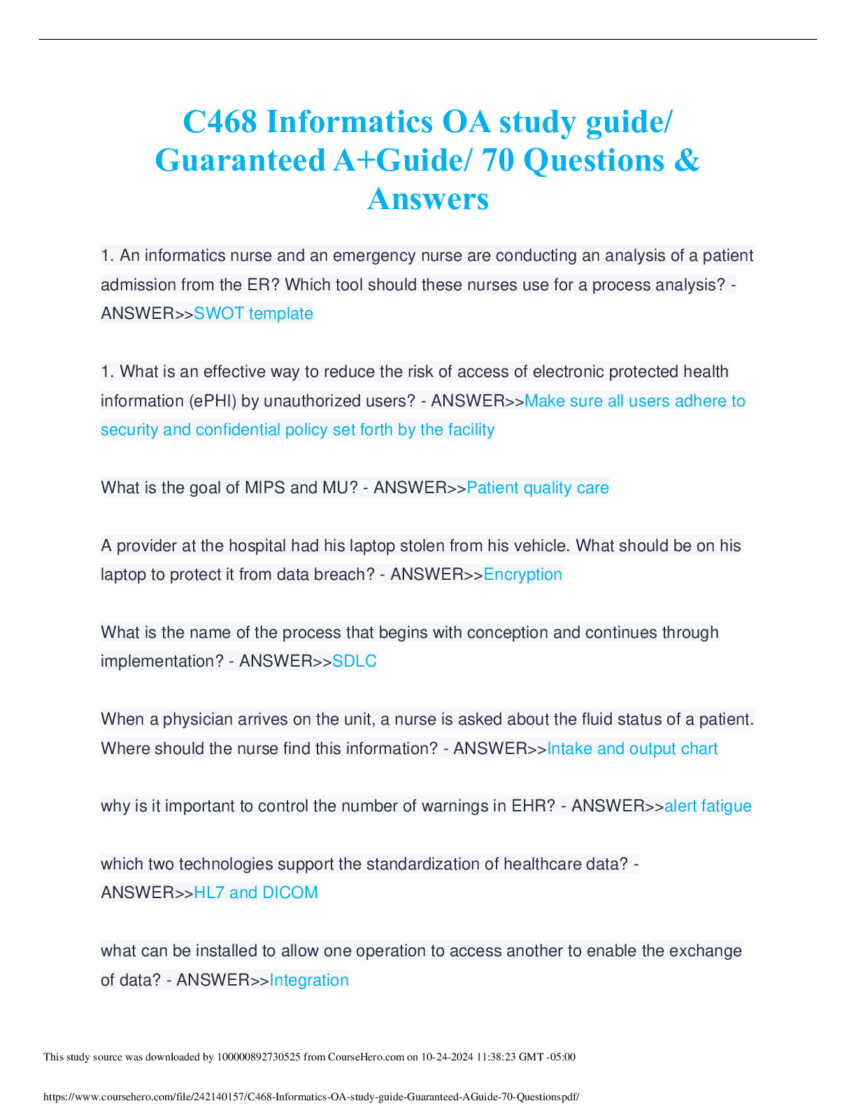Preview of C468 Informatics OA study guide Guaranteed A+Guide 70 Questions &amp; Answers