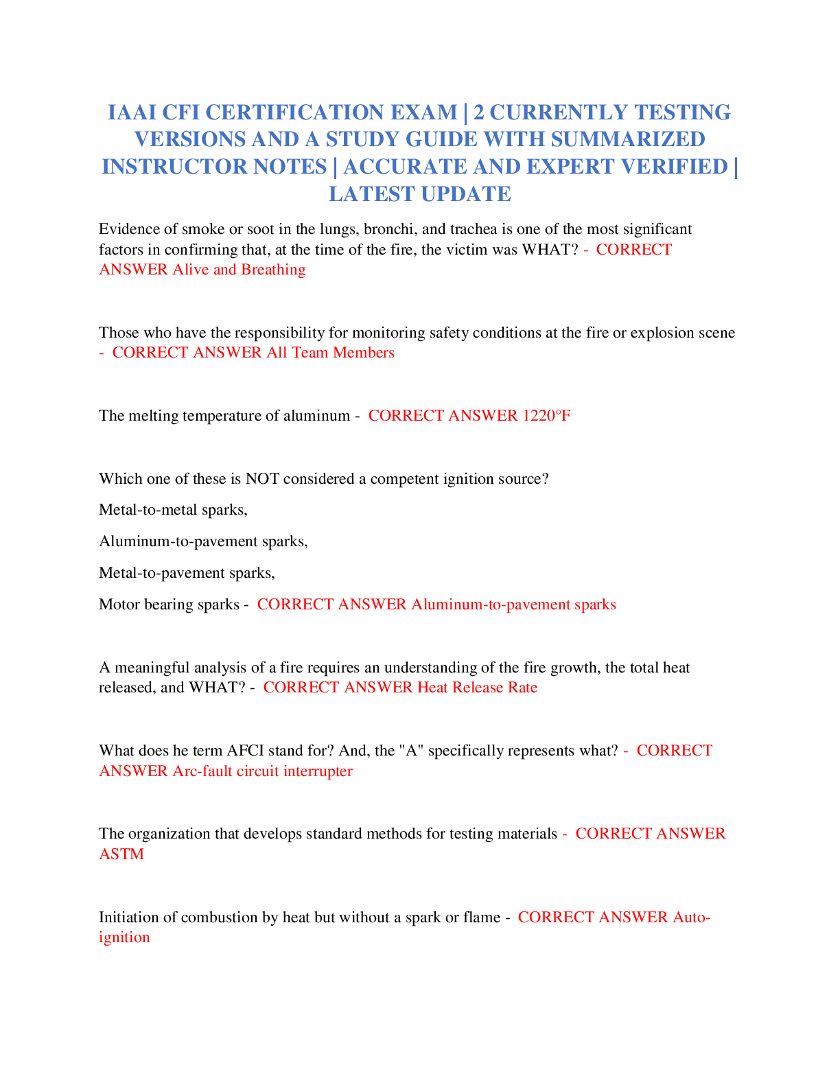 Preview of IAAI CFI CERTIFICATION EXAM  2 CURRENTLY TESTING VERSIONS AND A STUDY GUIDE WITH SUMMARIZE