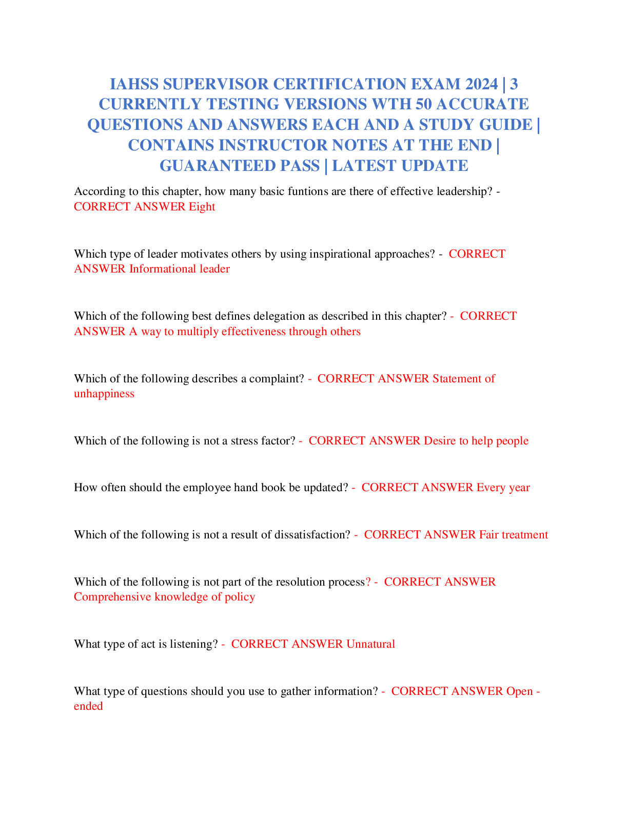 Preview of IAHSS SUPERVISOR CERTIFICATION EXAM 2024  3 CURRENTLY TESTING VERSIONS WTH 50 ACCURATE QUE