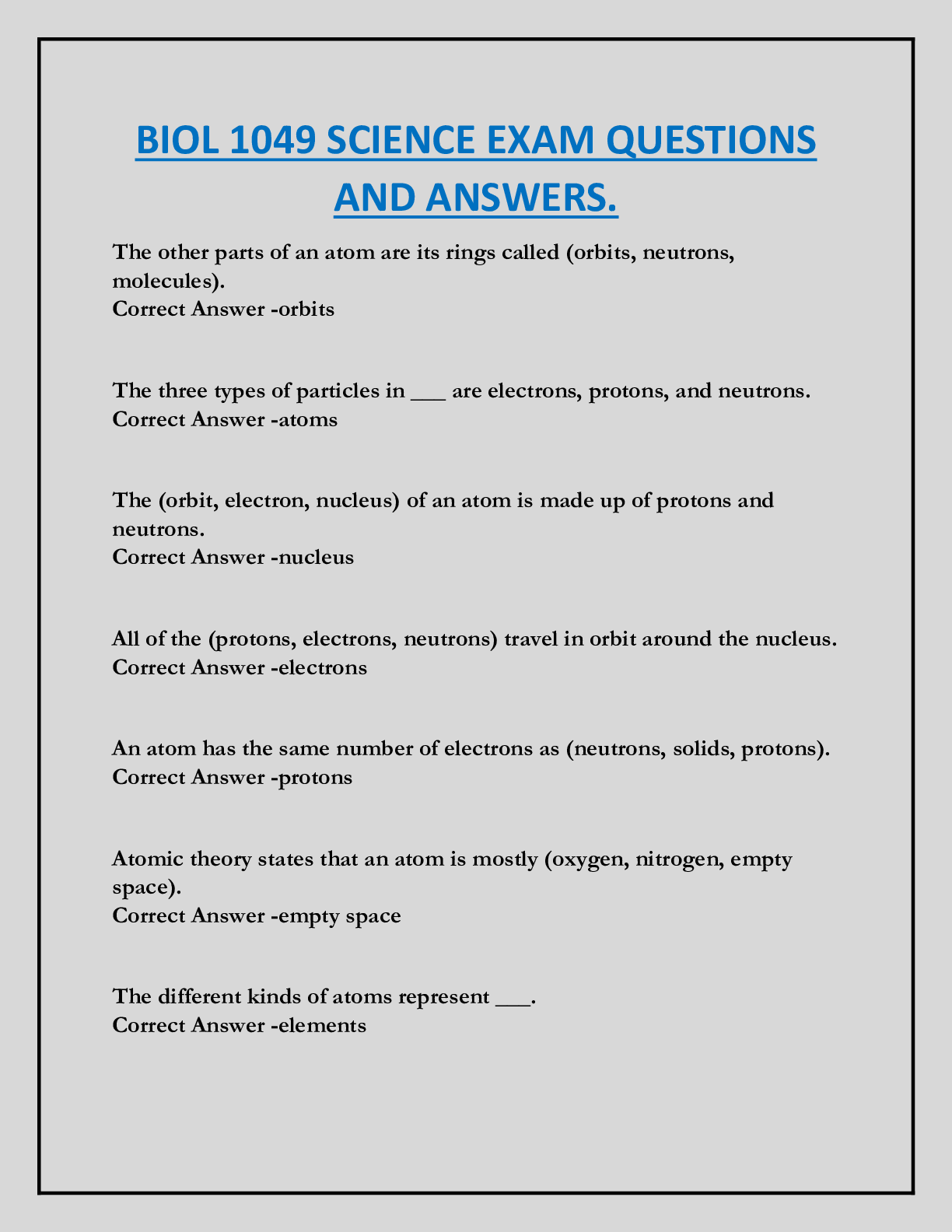 BIOL 1049 SCIENCE EXAM QUESTIONS  AND ANSWERS.