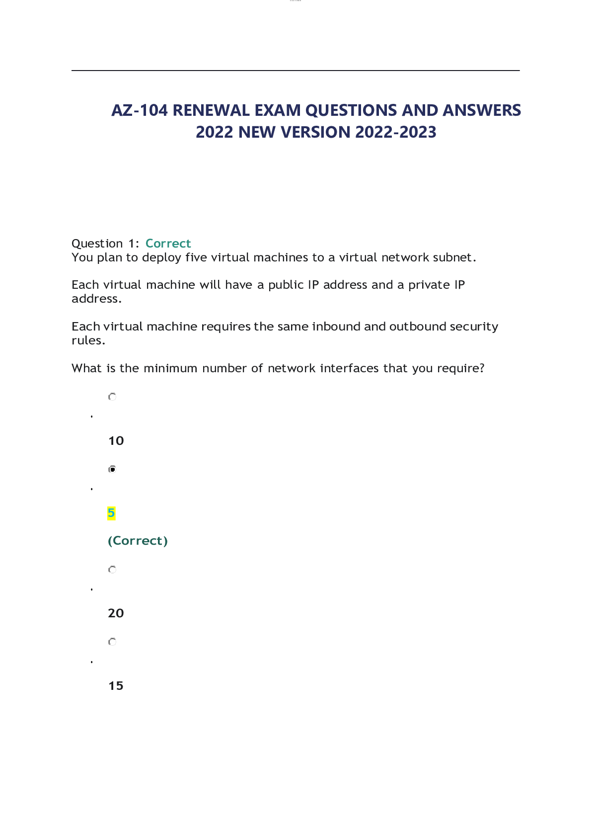 Preview image for AZ-104 RENEWAL EXAM QUESTIONS AND ANSWERS 2022 NEW VERSION 2022-2023