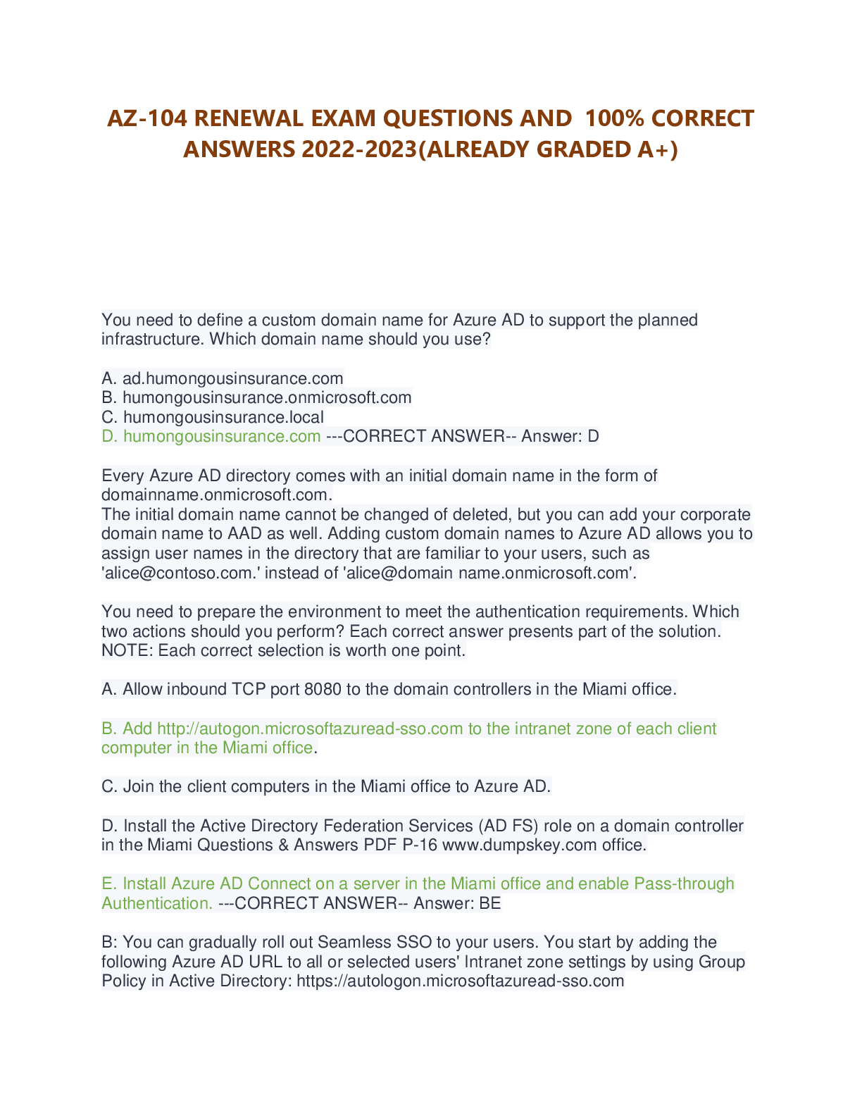 Preview image for AZ-104 RENEWAL EXAM QUESTIONS AND 100% CORRECT ANSWERS 2022-2023(ALREADY GRADED A+)