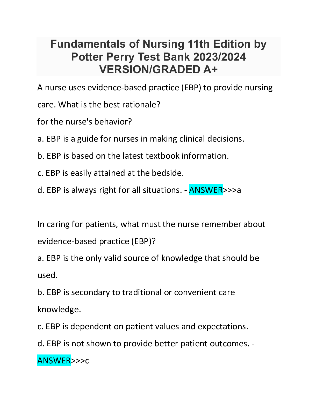 Preview of Fundamentals of Nursing 11th Edition by Potter Perry Test Bank 20232024 VERSIONGRADED A+