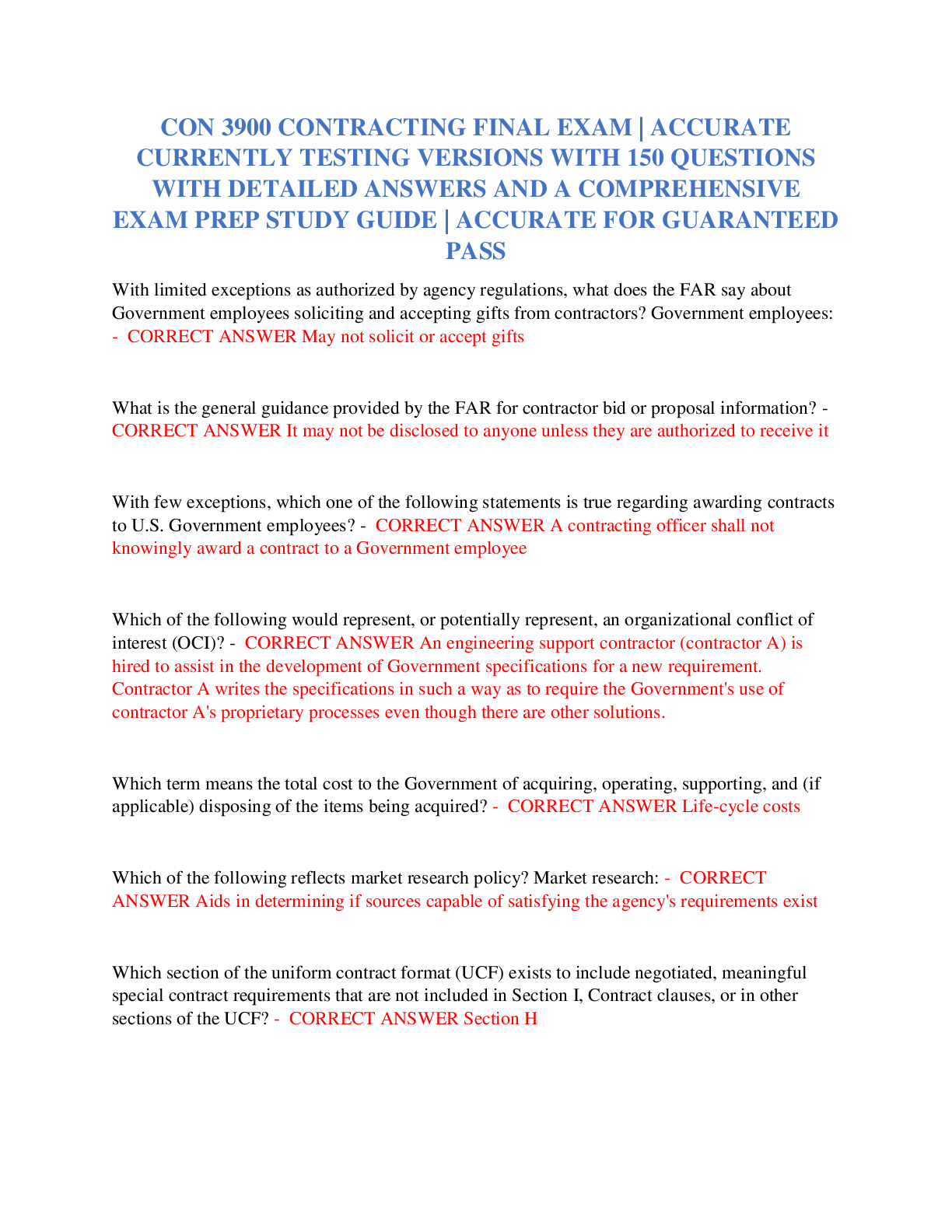Preview of CON 3900 CONTRACTING FINAL EXAM  ACCURATE CURRENTLY TESTING VERSIONS WITH 150 QUESTIONS WI
