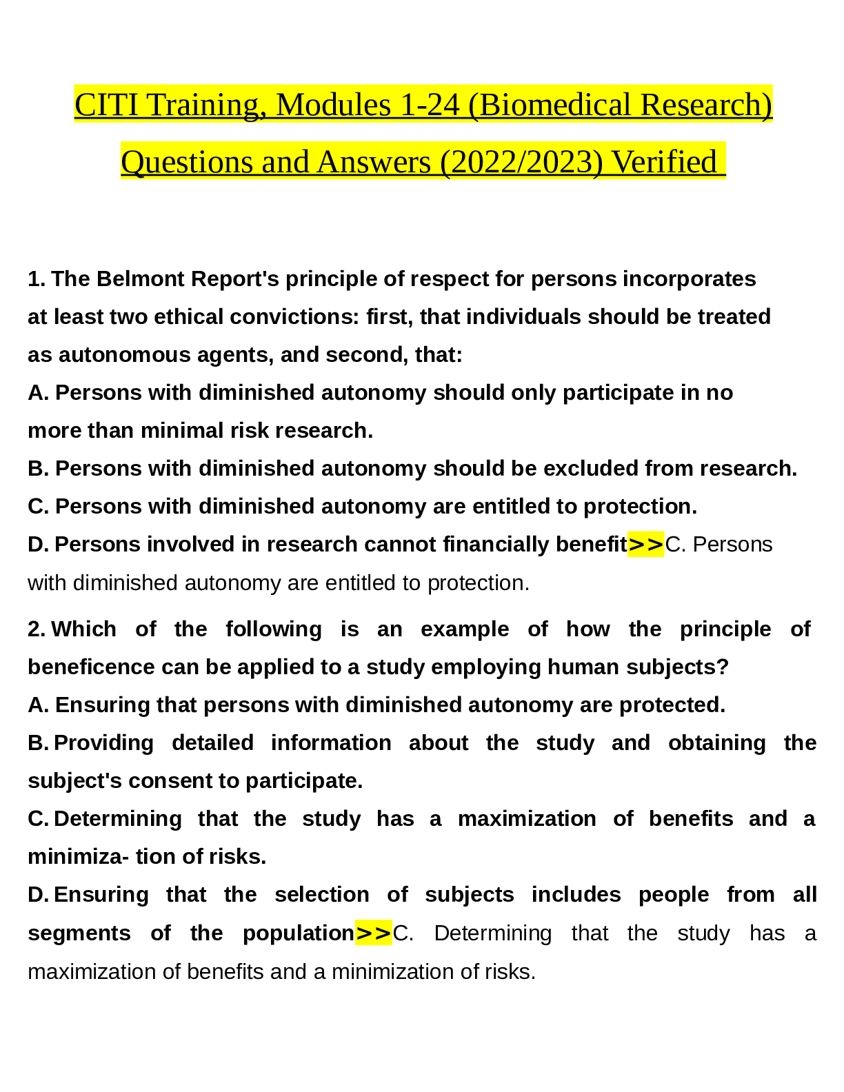 Preview of CITI Training, Modules 1-24 (Biomedical Research) Questions and Answers (2022-2023) Verified