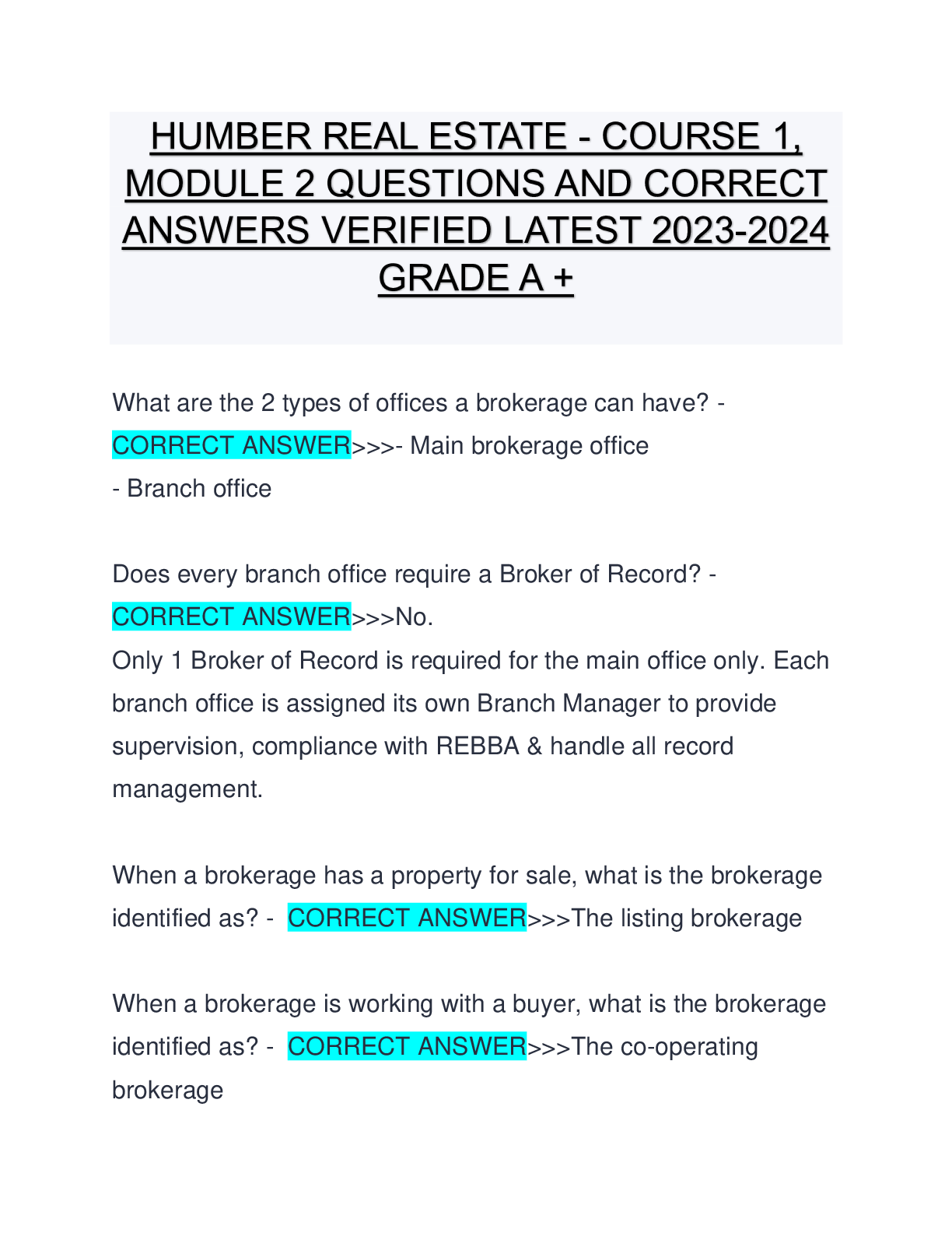 Preview of HUMBER REAL ESTATE - COURSE 1, MODULE 2 QUESTIONS AND CORRECT ANSWERS VERIFIED LATEST 2023-2024 GRADE A +