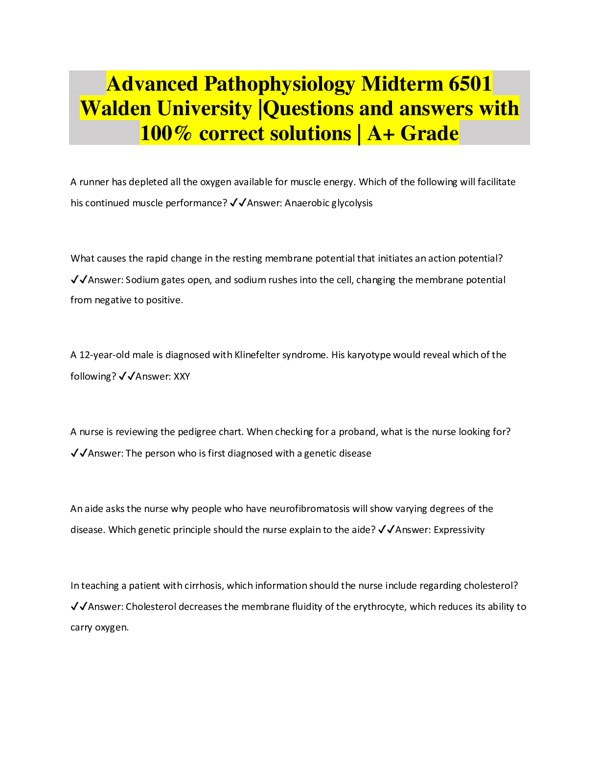 Advanced Pathophysiology Midterm 6501 Walden University Questions and answers with 100% correct solutions  A+ Grade