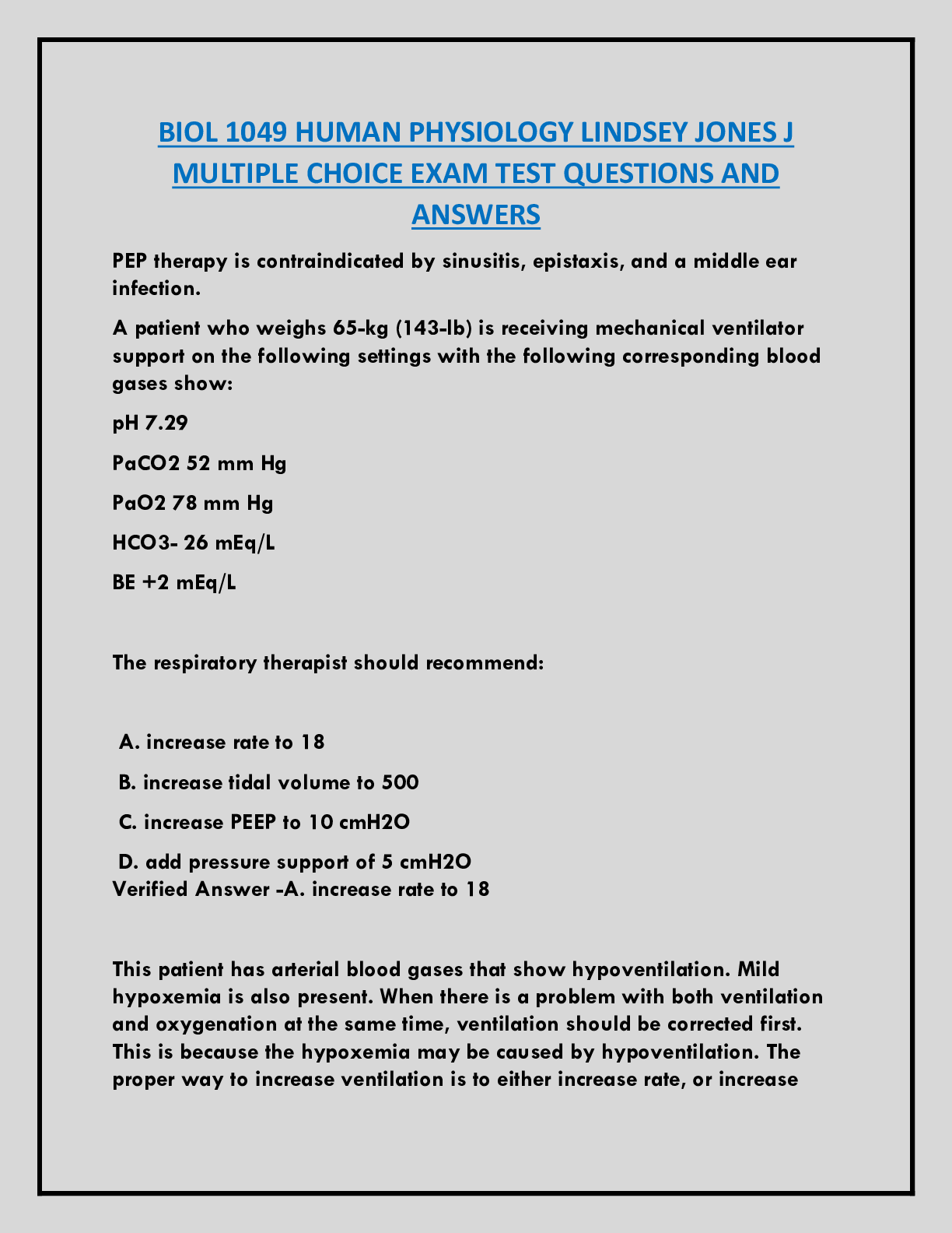 BIOL 1049 HUMAN PHYSIOLOGY LINDSEY JONES J MULTIPLE CHOICE EXAM TEST QUESTIONS AND ANSWERS