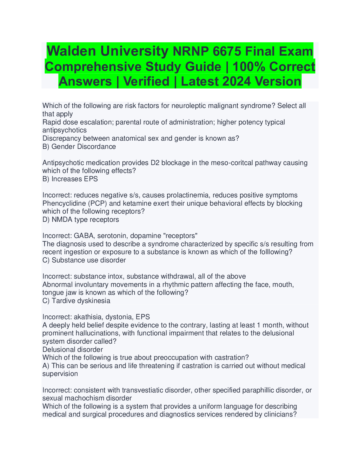 Preview of Walden University NRNP 6675 Final Exam Comprehensive Study Guide  100% Correct Answers  Verified  Latest 2024 Version