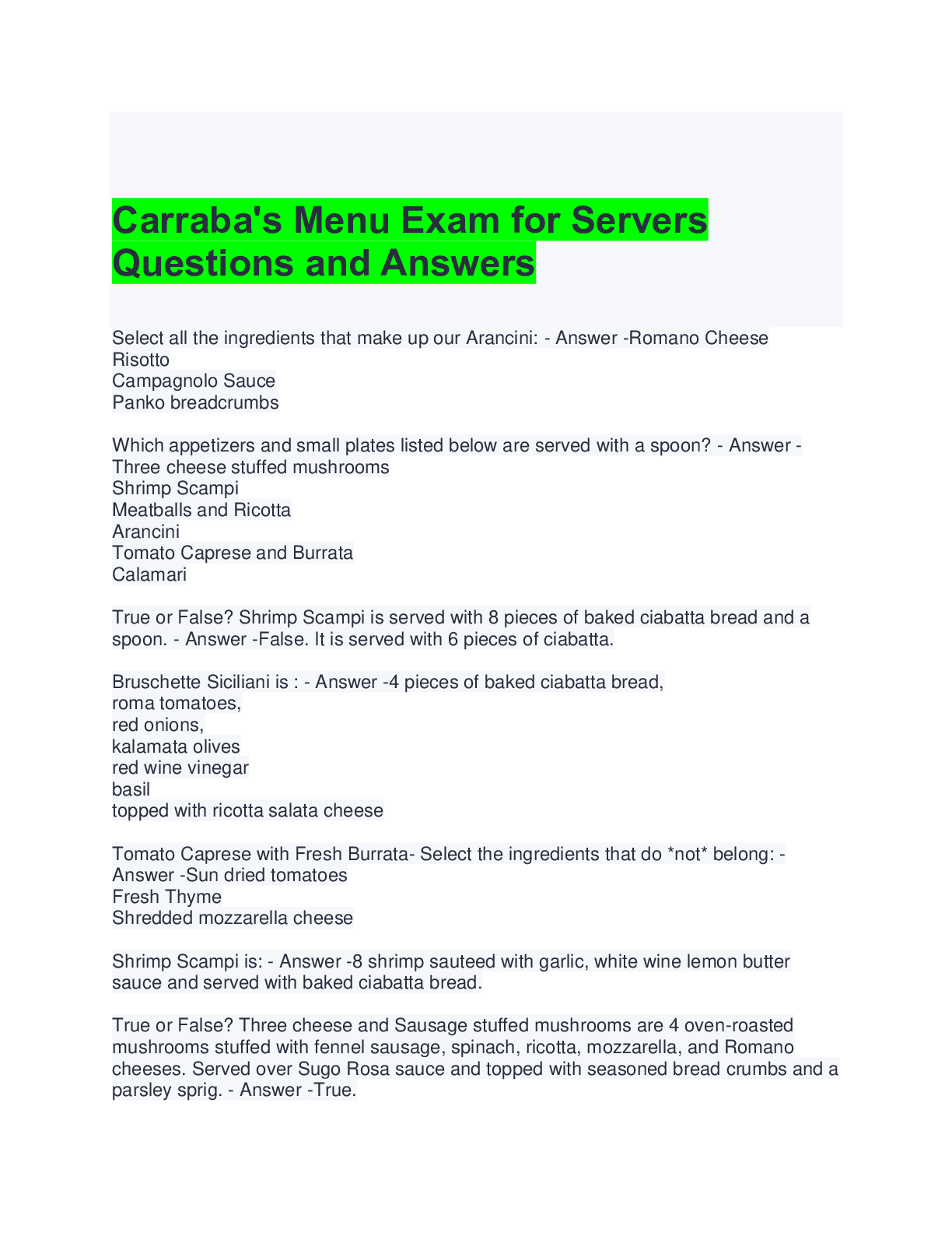 Preview image for Carraba's Menu Exam for Servers Questions and Answers