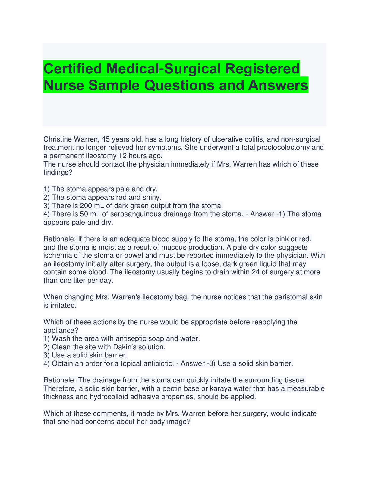 Preview image for Certified Medical-Surgical Registered  Nurse Sample Questions and Answers
