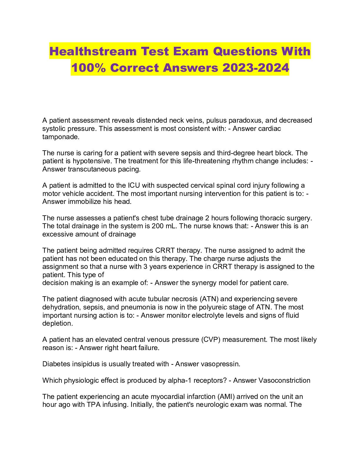 Preview image for Healthstream Test Exam Questions With 100% Correct Answers 2023-2024