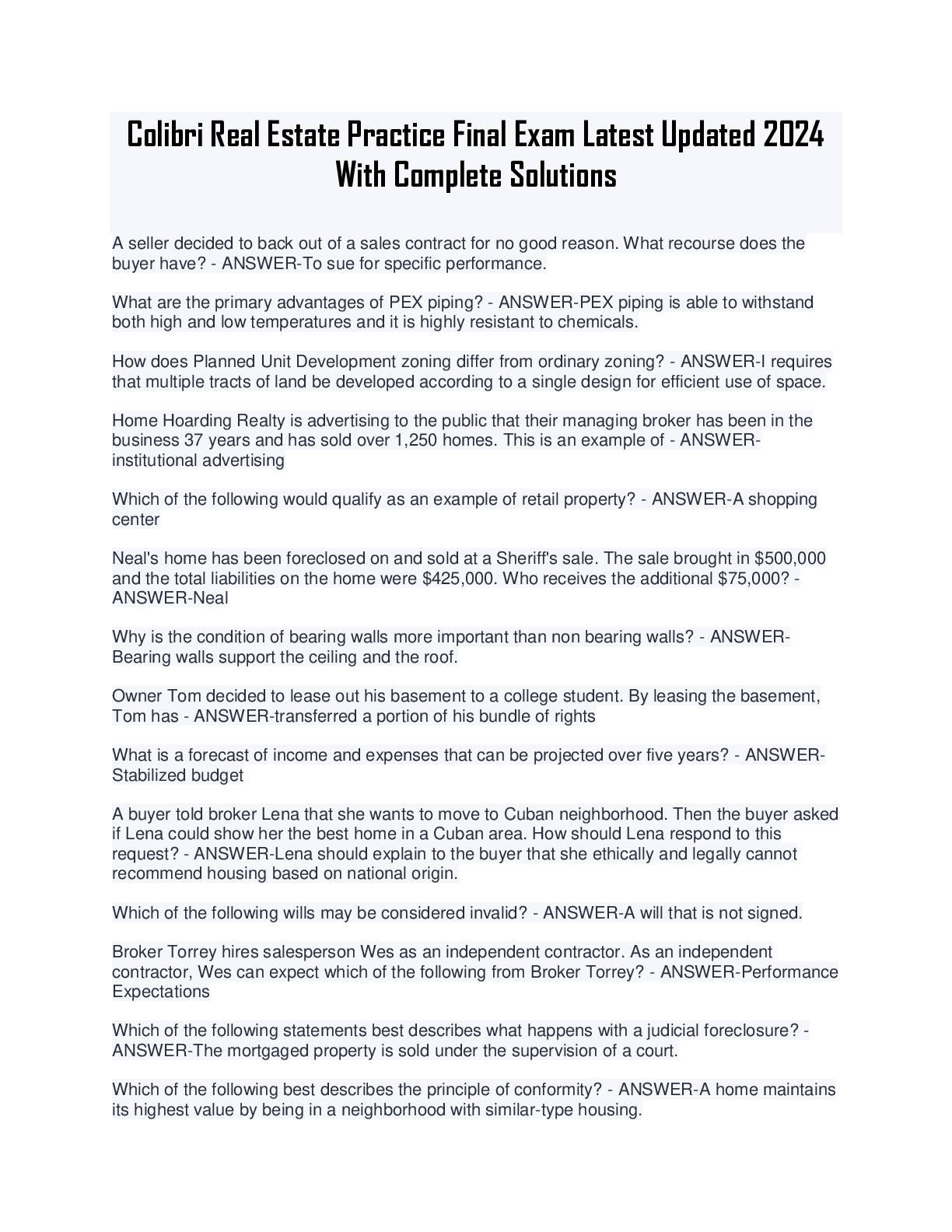 Preview image for Colibri Real Estate Practice Final Exam Latest Updated 2024  With Complete Solutions