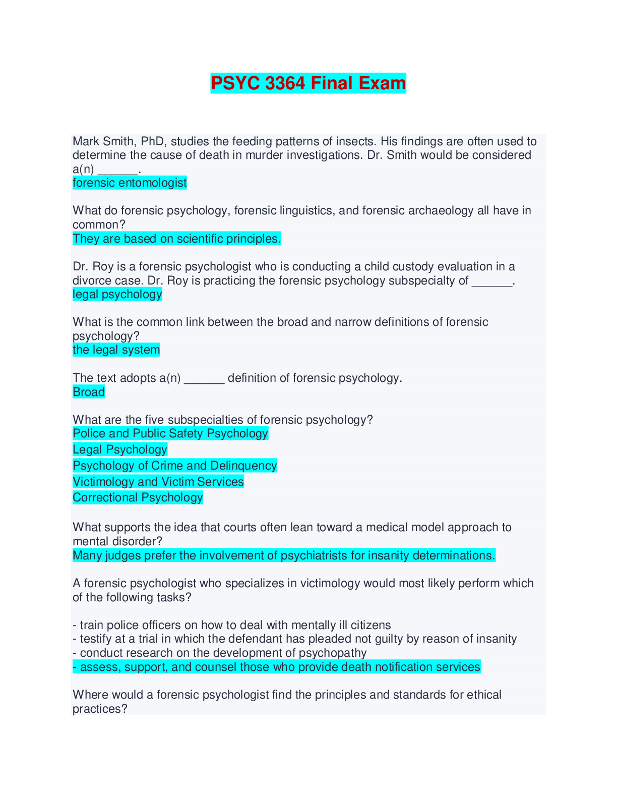 Preview of PSYC 3364 Final Exam | Questions with Verified Answers