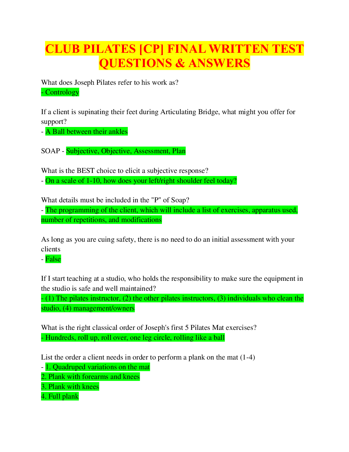CLUB PILATES [CP] FINAL WRITTEN TEST QUESTIONS & ANSWERS
