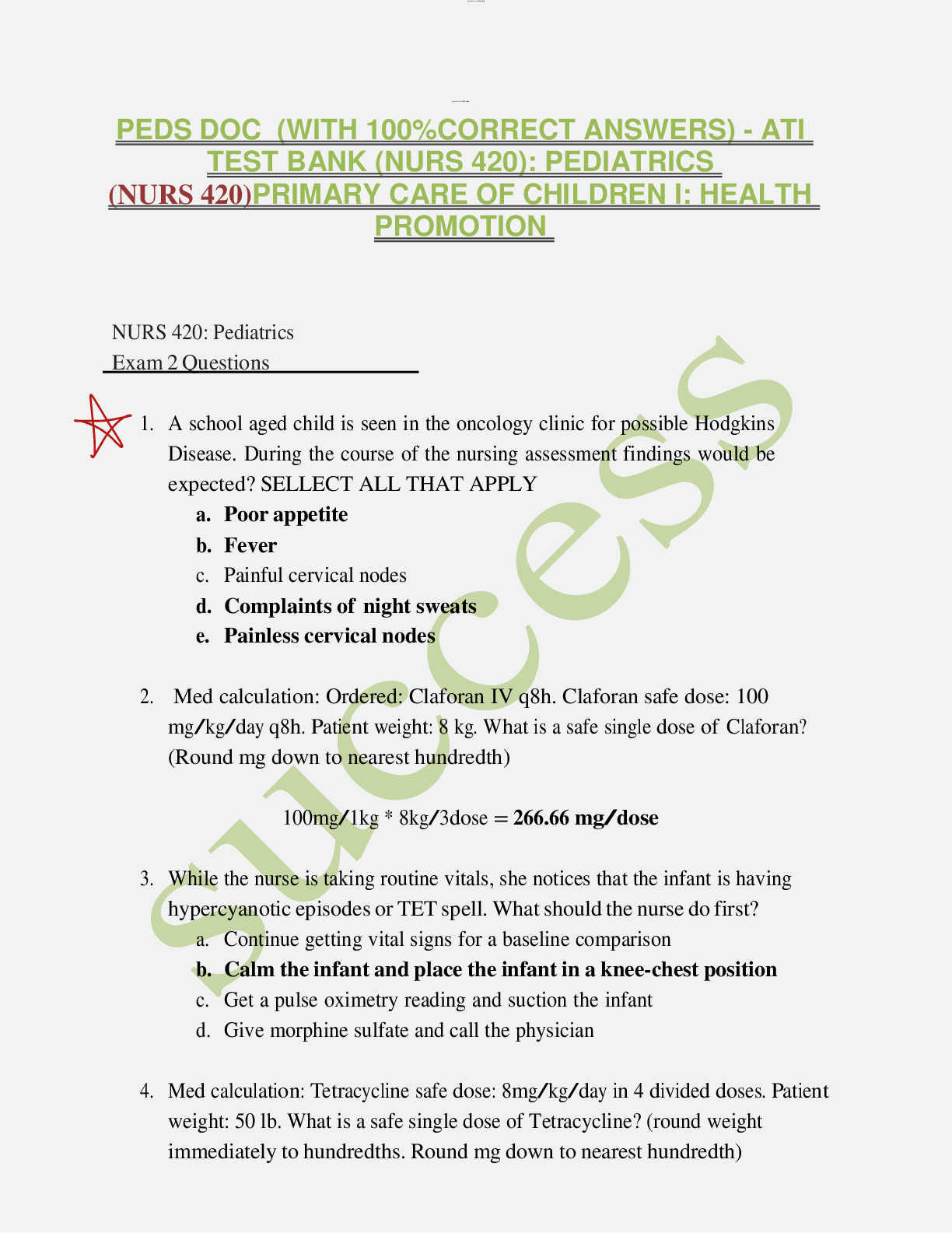 Preview of PEDS DOC (WITH 100%CORRECT ANSWERS) - ATI TEST BANK (NURS 420): PEDIATRICS (NURS 420)PRIMA