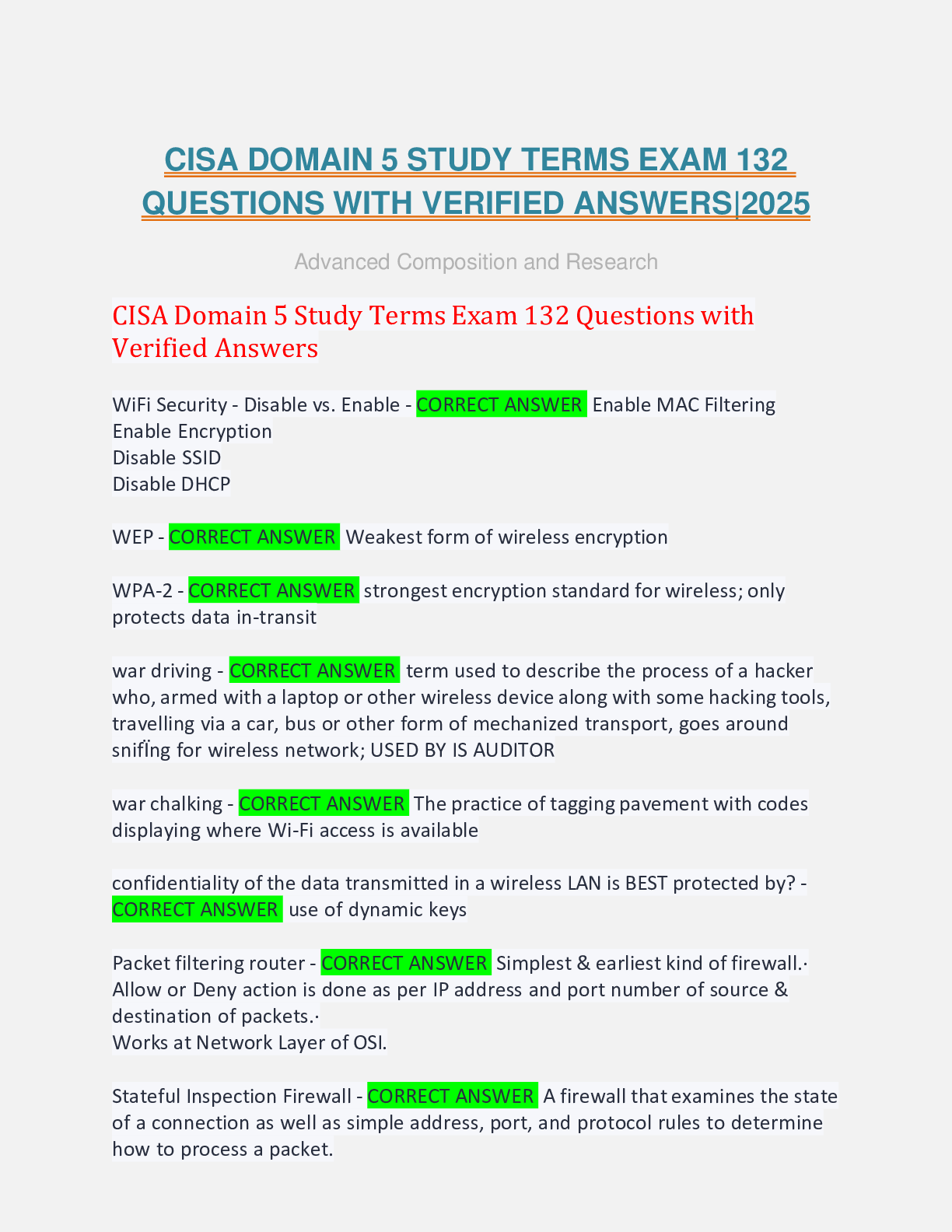 Preview of CISA DOMAIN 5 STUDY TERMS EXAM 132 QUESTIONS WITH VERIFIED ANSWERS|2025