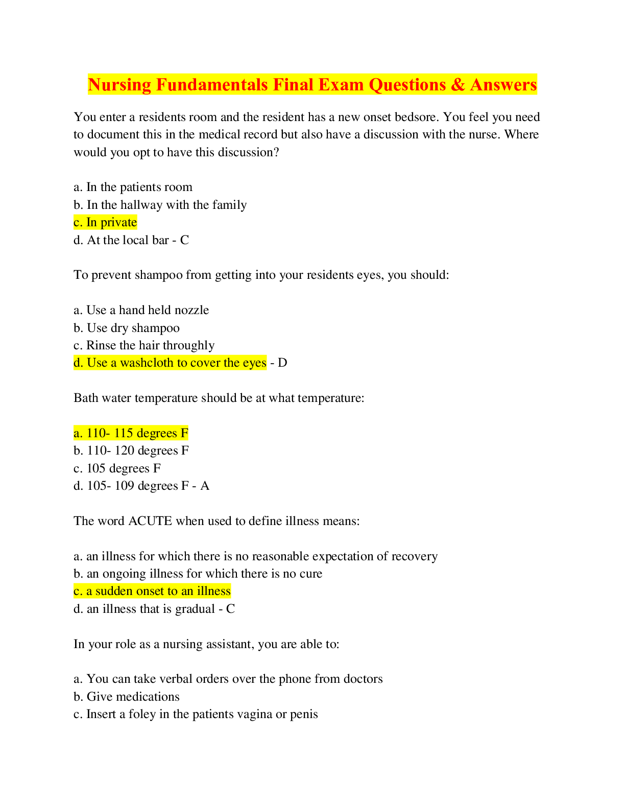 Nursing Fundamentals Final Exam Questions & Answers