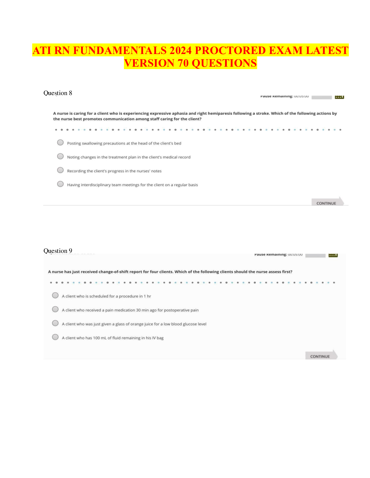 Preview image for ATI RN FUNDAMENTALS PROCTORED 2024/2025 EXAM (70 QUESTIONS WITH NGN)