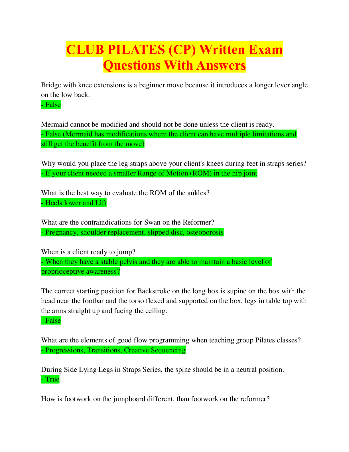 CLUB PILATES (CP) Written Exam Questions With Answers