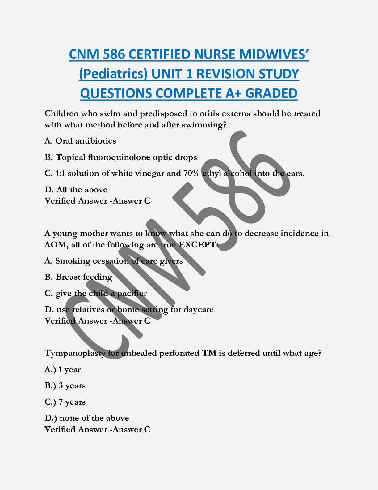 CNM 586 CERTIFIED NURSE MIDWIVES’  (Pediatrics) UNIT 1 REVISION STUDY  QUESTIONS COMPLETE A+ GRADED
