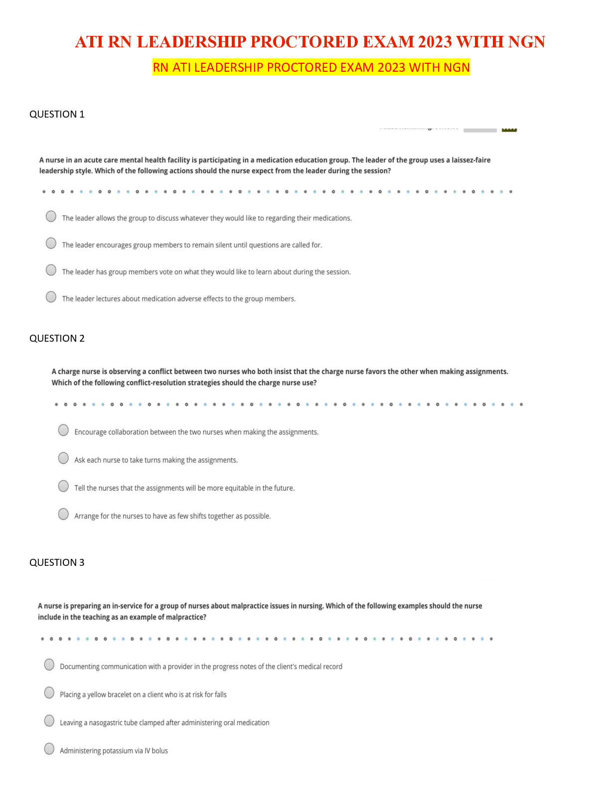 Preview image for Ati rn leadership proctored exam 2023 with ngn