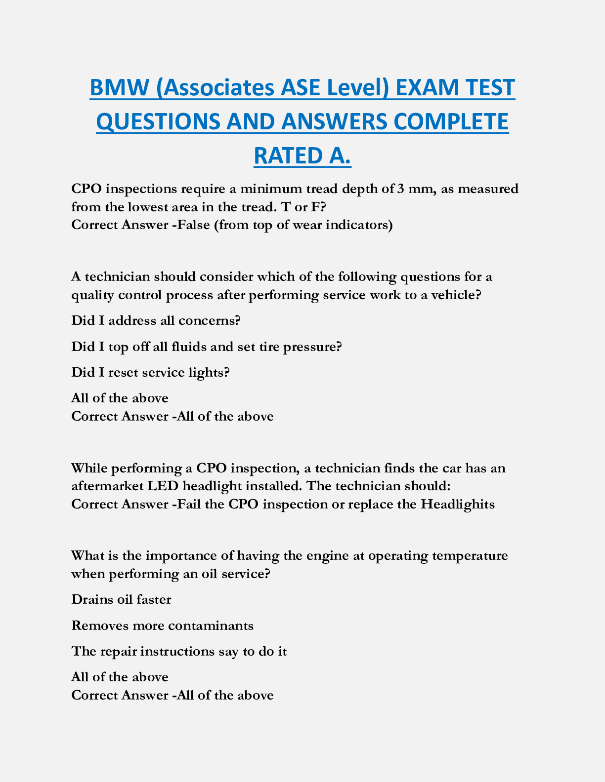 BMW (Associates ASE Level) EXAM TEST  QUESTIONS AND ANSWERS COMPLETE  RATED A.