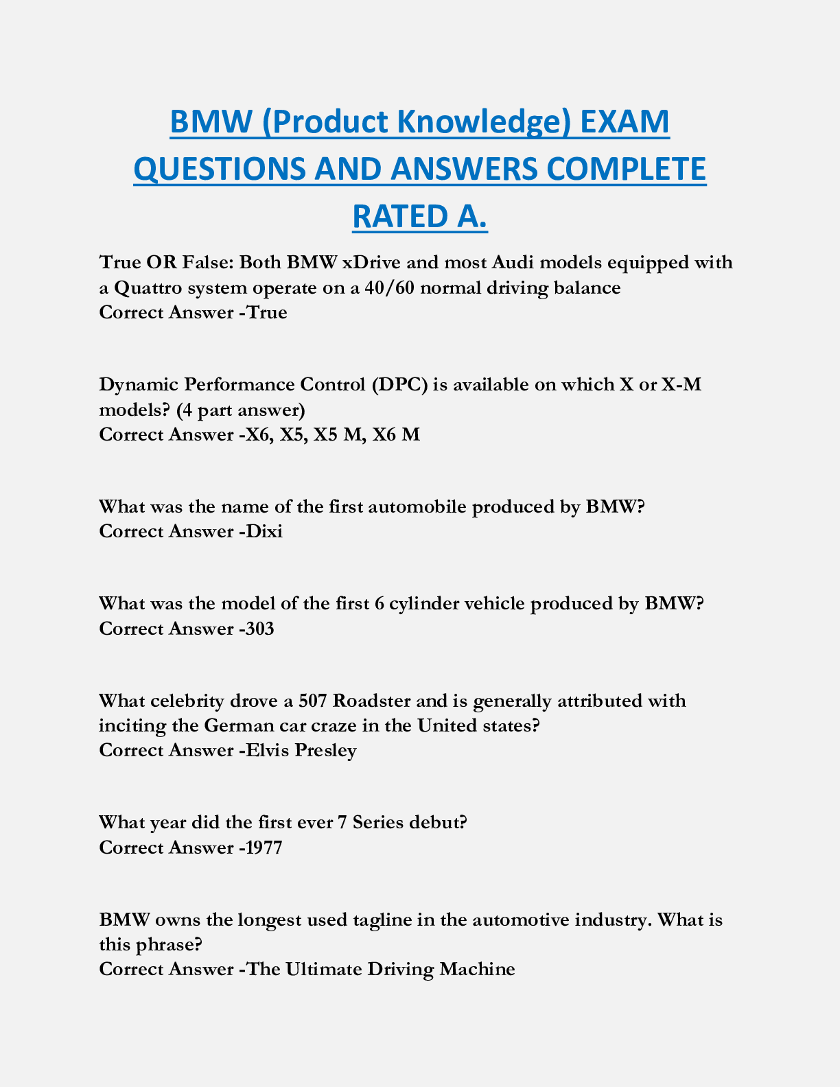 BMW (Product Knowledge) EXAM  QUESTIONS AND ANSWERS COMPLETE  RATED A.