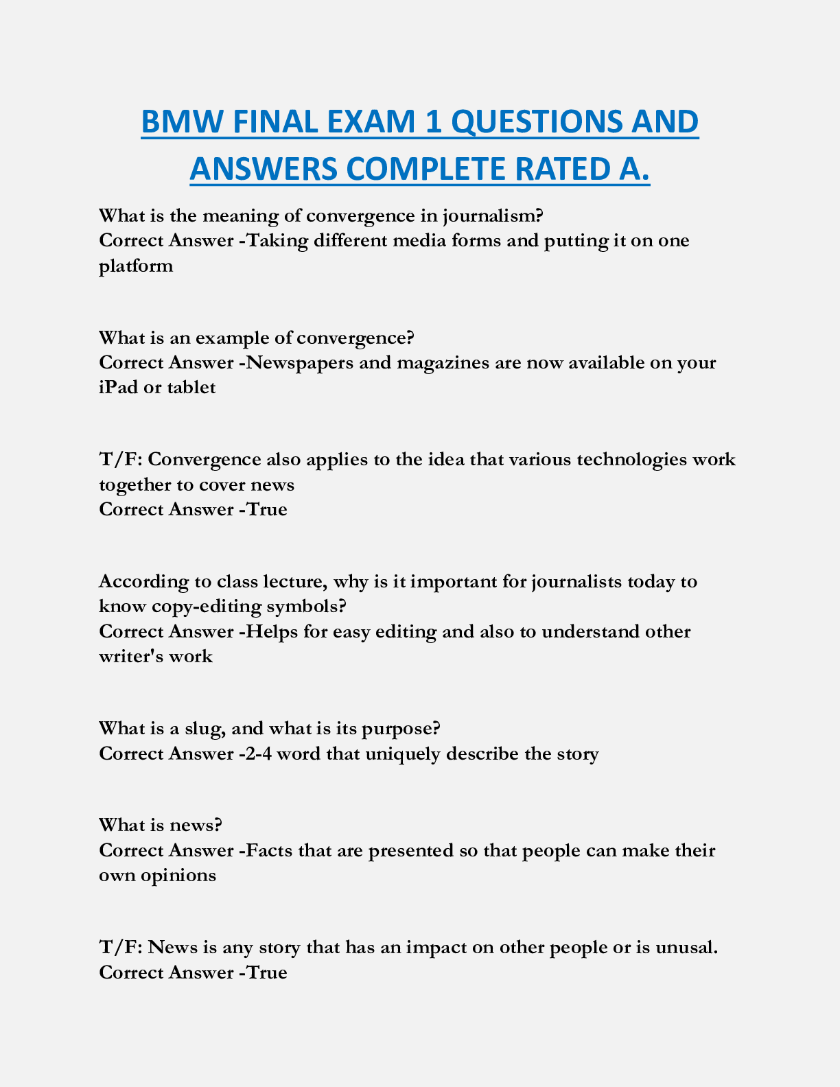 BMW FINAL EXAM 1 QUESTIONS AND  ANSWERS COMPLETE RATED A.