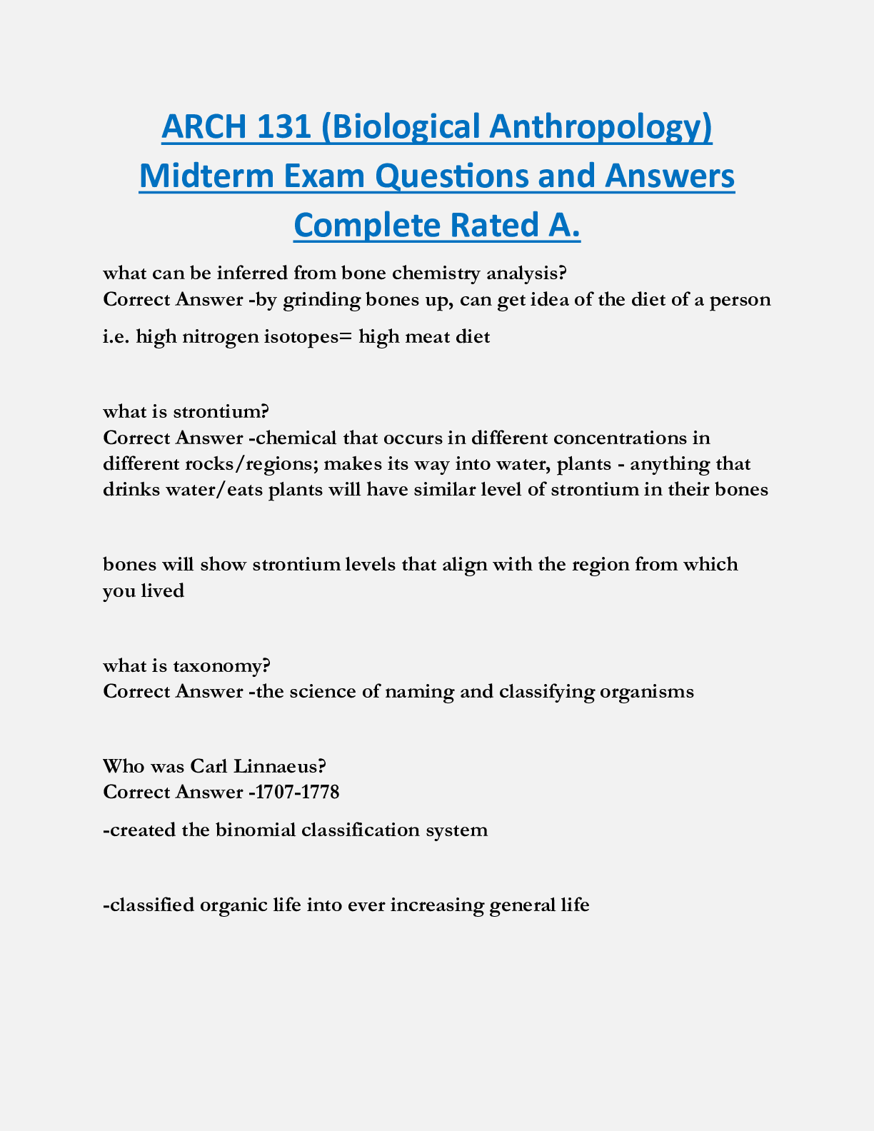 SFU ARCH 131 (Biological Anthropology)  Midterm Exam Questions and Answers  Complete Rated A.