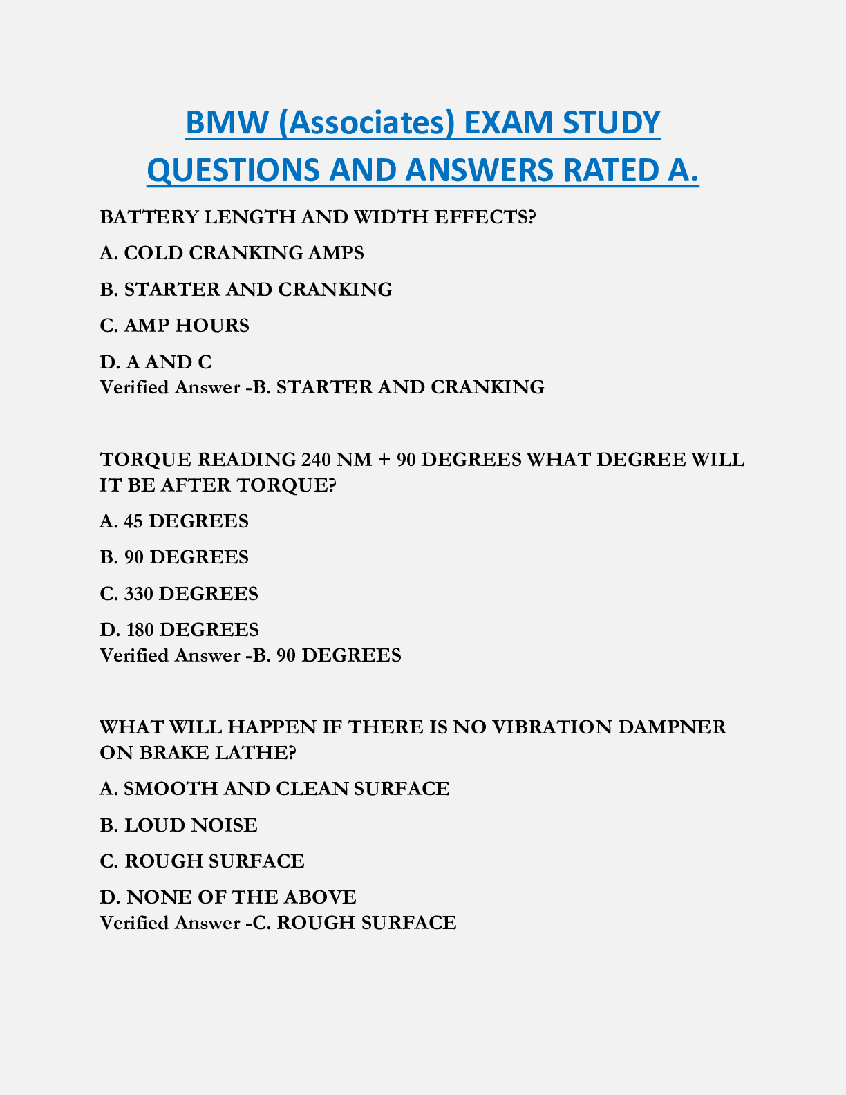 BMW (Associates) EXAM STUDY  QUESTIONS AND ANSWERS RATED A.
