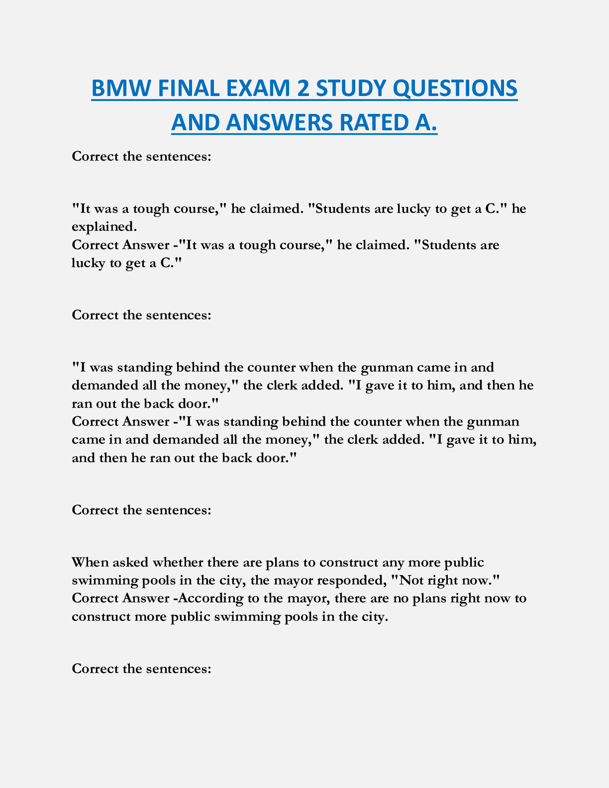 BMW FINAL EXAM 2 STUDY QUESTIONS  AND ANSWERS RATED A