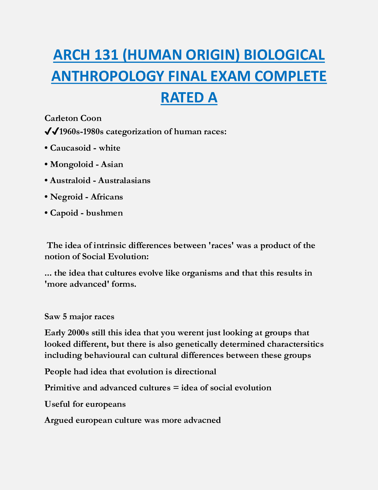 ARCH 131 (HUMAN ORIGIN) BIOLOGICAL  ANTHROPOLOGY FINAL EXAM COMPLETE  RATED A