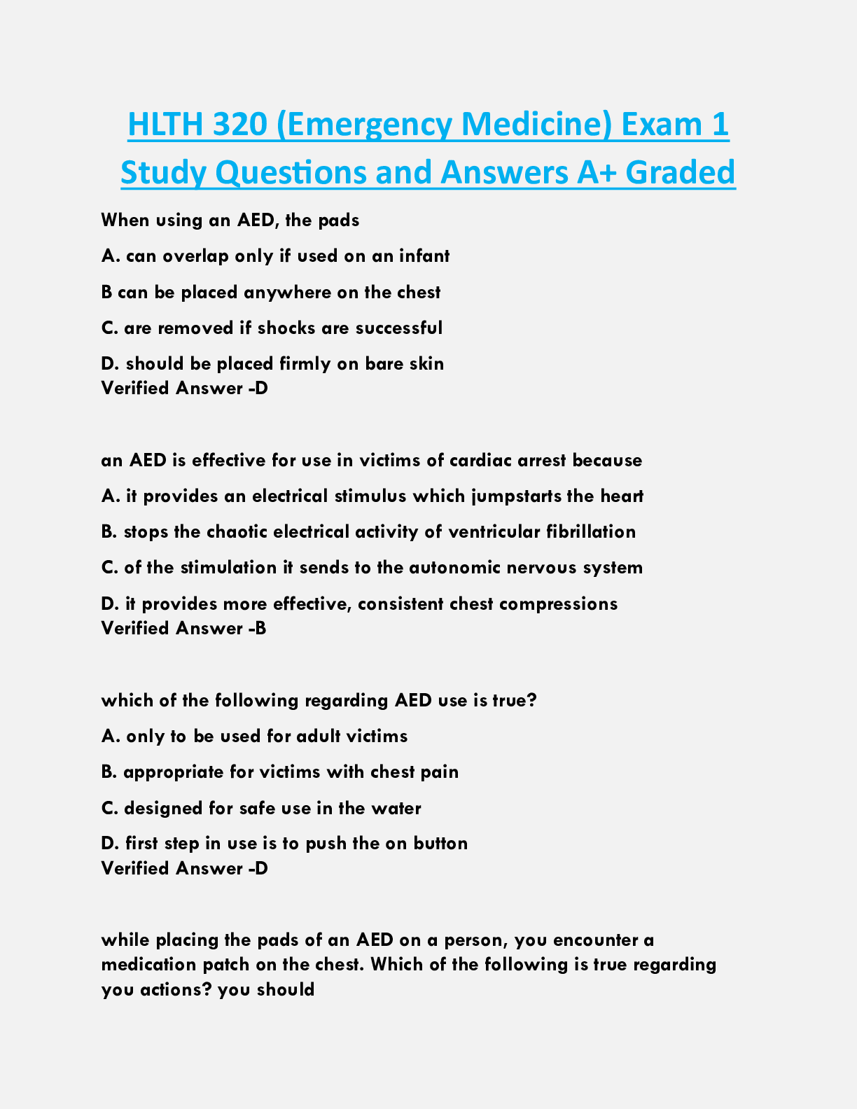 HLTH 320 (Emergency Medicine) Exam 1  Study Questions and Answers A+ Graded