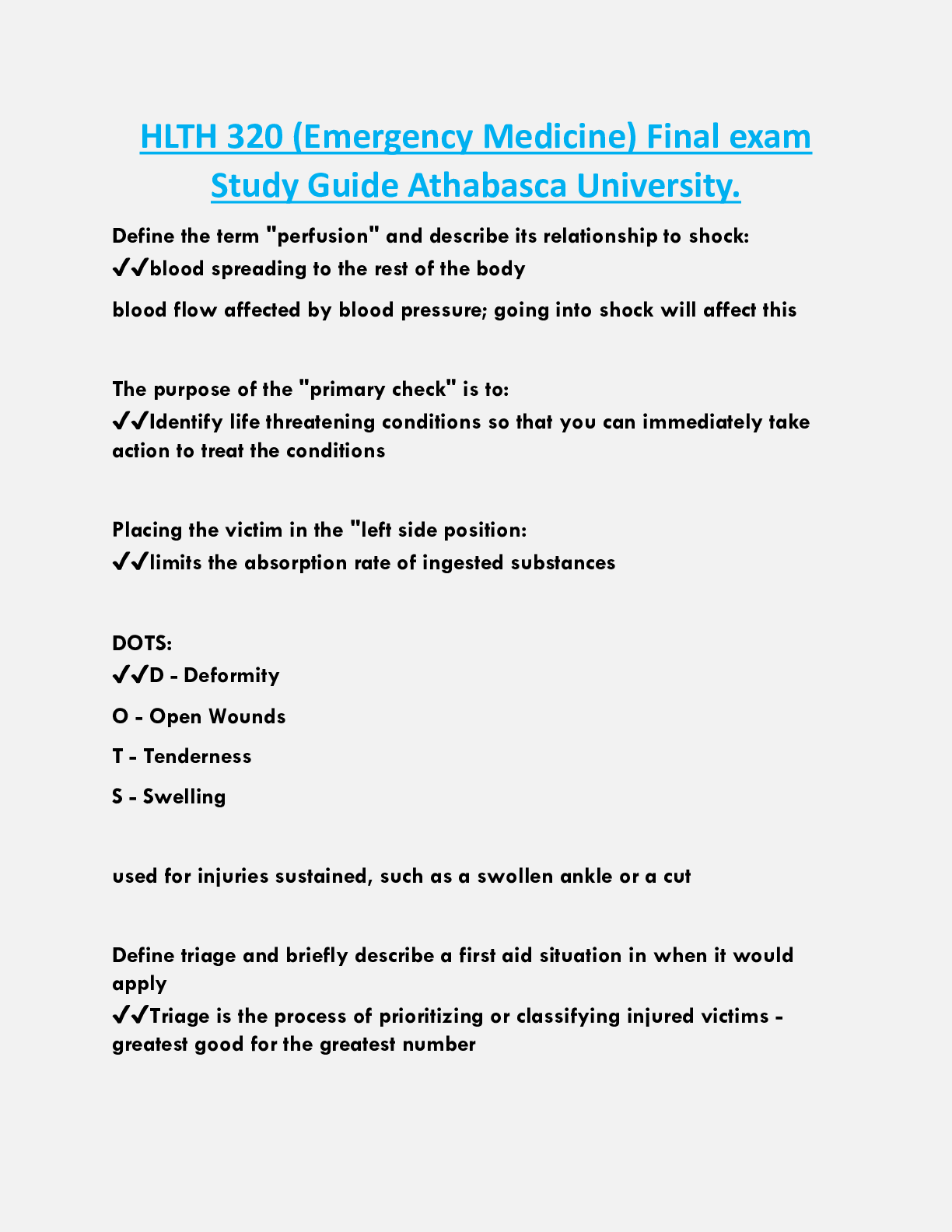HLTH 320 (Emergency Medicine) Final exam  Study Guide Athabasca University