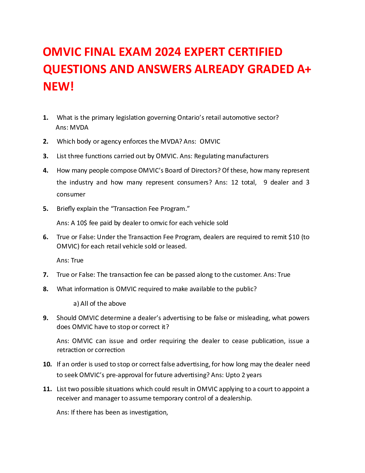 Preview image for OMVIC FINAL EXAM WITH 300 ACTUAL EXAM QUESTIONS AND CORRECT ANSWERS 2024!100% CORRECT ANSWERS