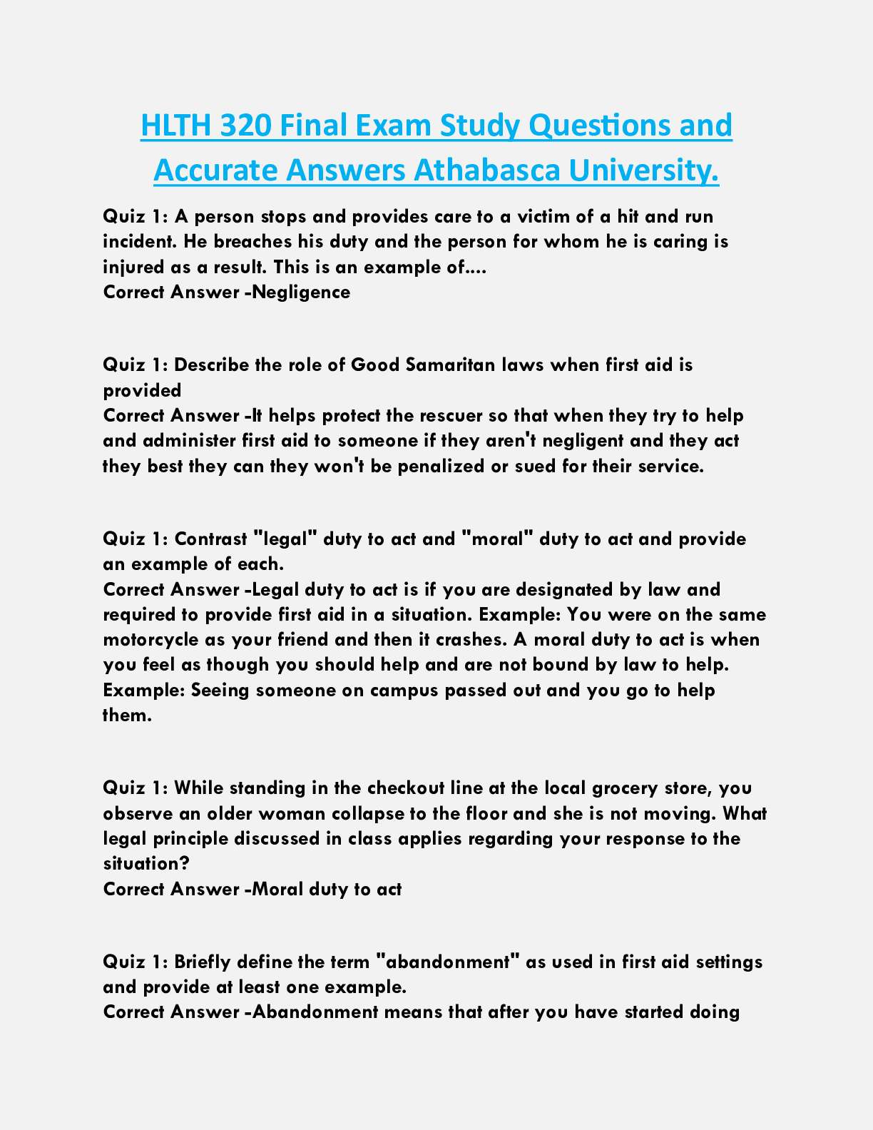 HLTH 320 Final Exam Study Questions and  Accurate Answers Athabasca University.