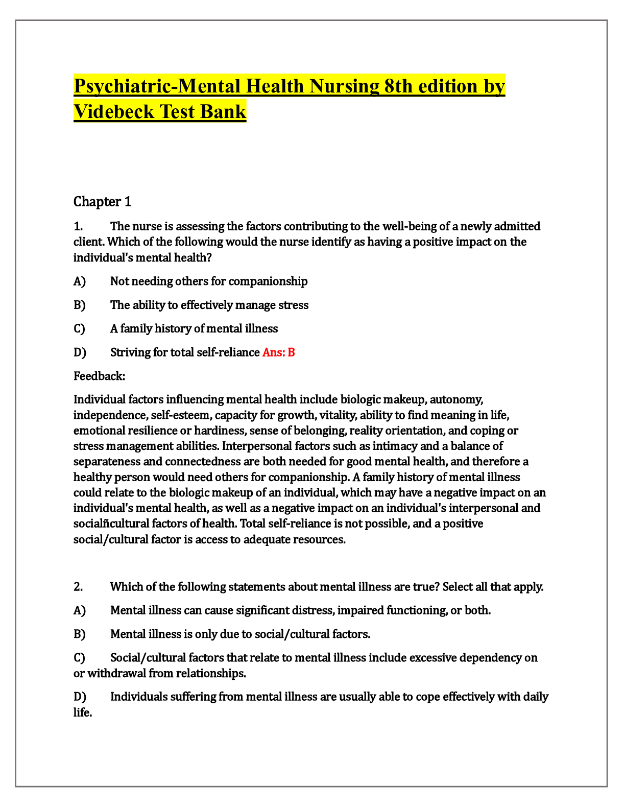 Preview image for Psychiatric-Mental Health Nursing 8th edition by Videbeck Test Bank