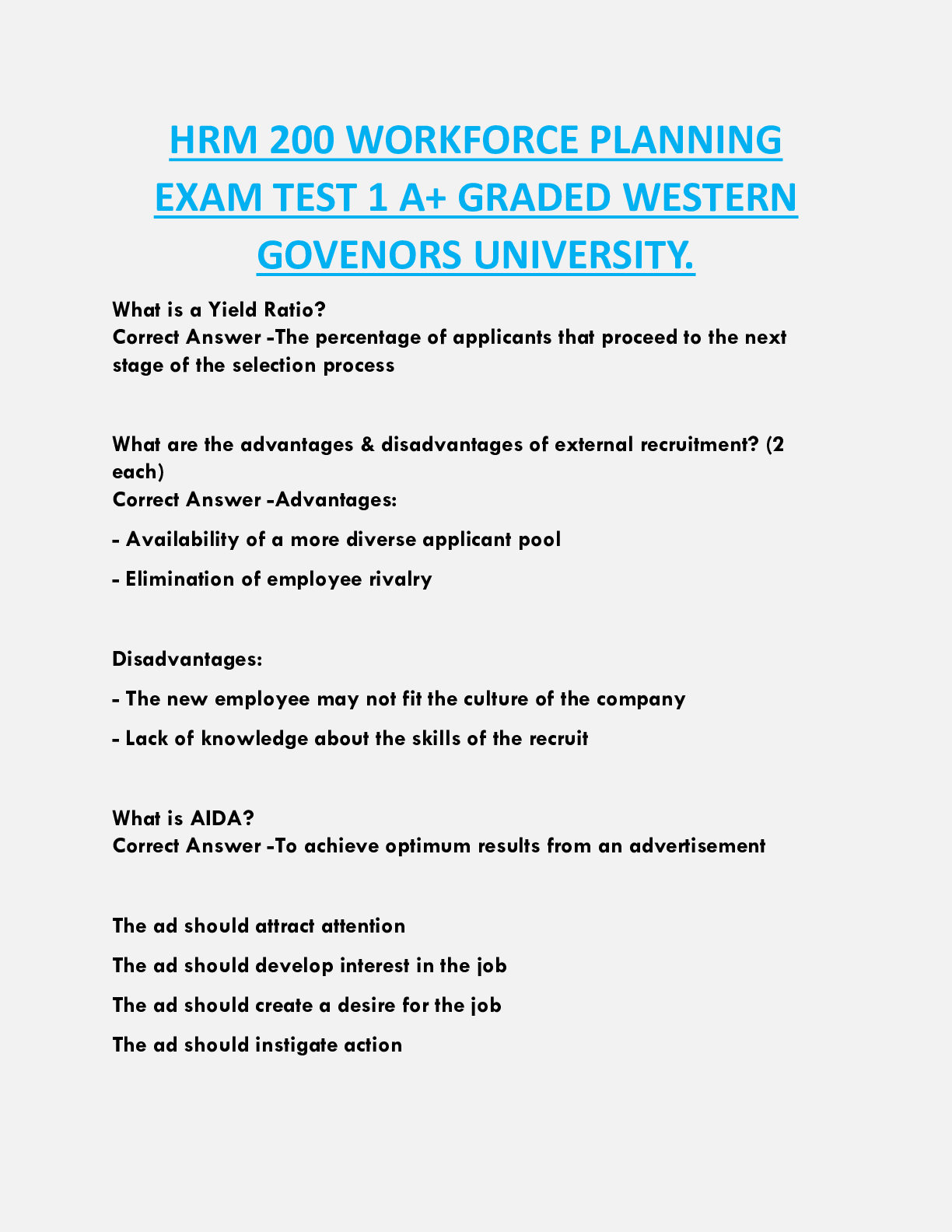 HRM 200 WORKFORCE PLANNING  EXAM TEST 1 A+ GRADED WESTERN  GOVENORS UNIVERSITY.