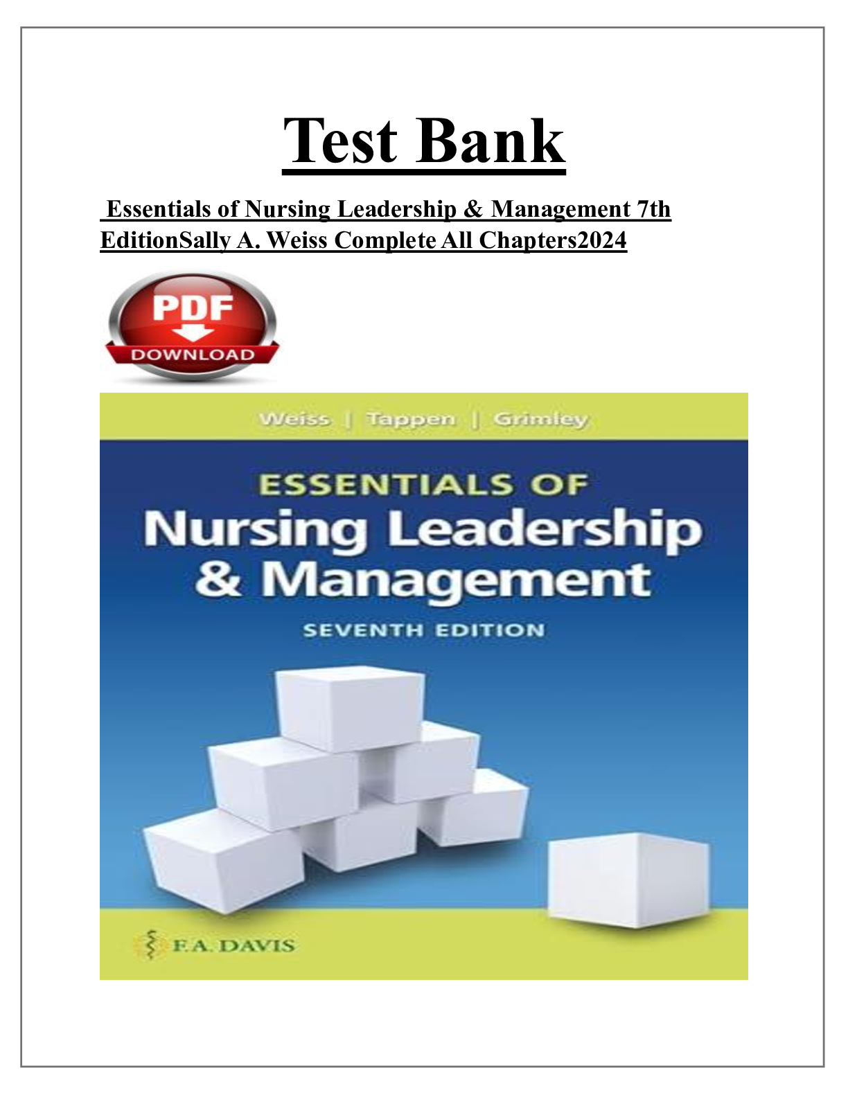 Preview image for Test Bank Essentials of Nursing Leadership & Management 7th Edition Sally A. Weiss Complete All Chapters 2024