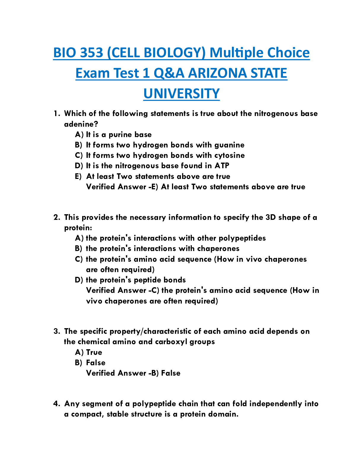 BIO 353 (CELL BIOLOGY) Multiple Choice  Exam Test 1 Q&A ARIZONA STATE  UNIVERSITY