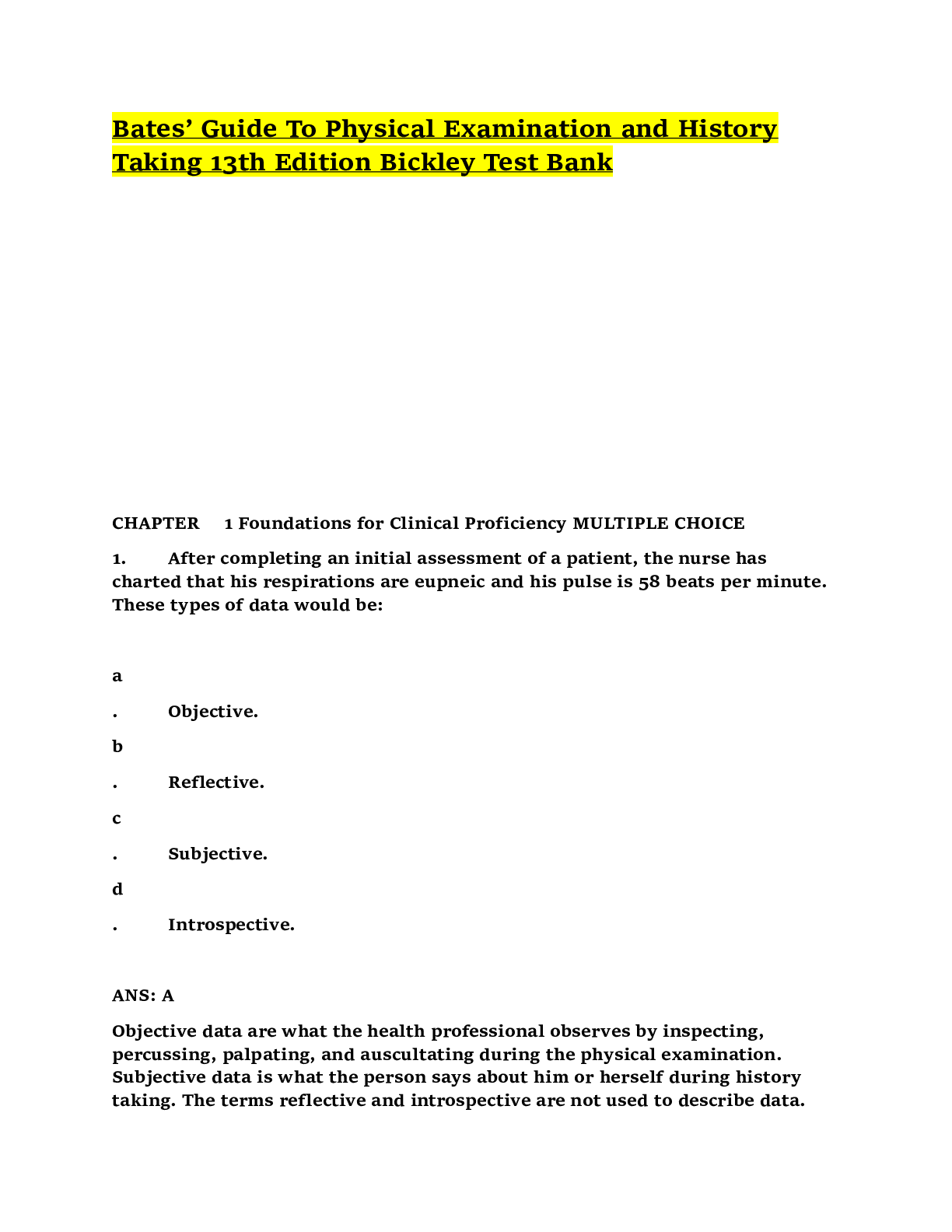 Preview image for Test Bank For Bates' Guide To Physical Examination and History Taking 13th Edition by Lynn S. Bickley