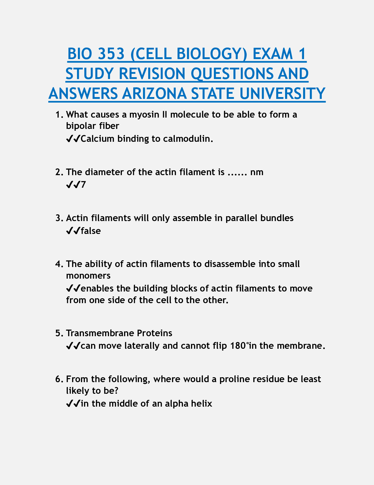 BIO 353 (CELL BIOLOGY) EXAM 1  STUDY REVISION QUESTIONS AND  ANSWERS ARIZONA STATE UNIVERSITY